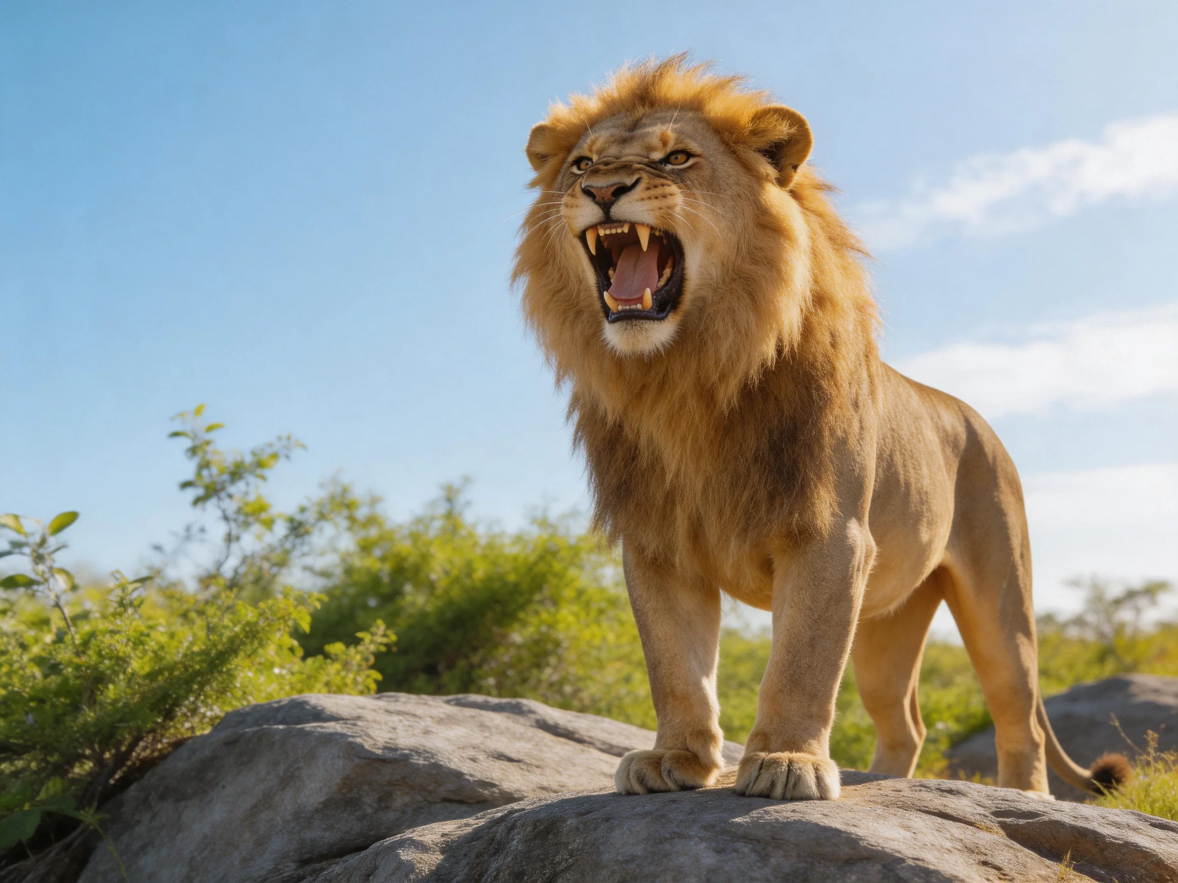 A powerful lion roars atop a large gray rock in a sunlit savannah