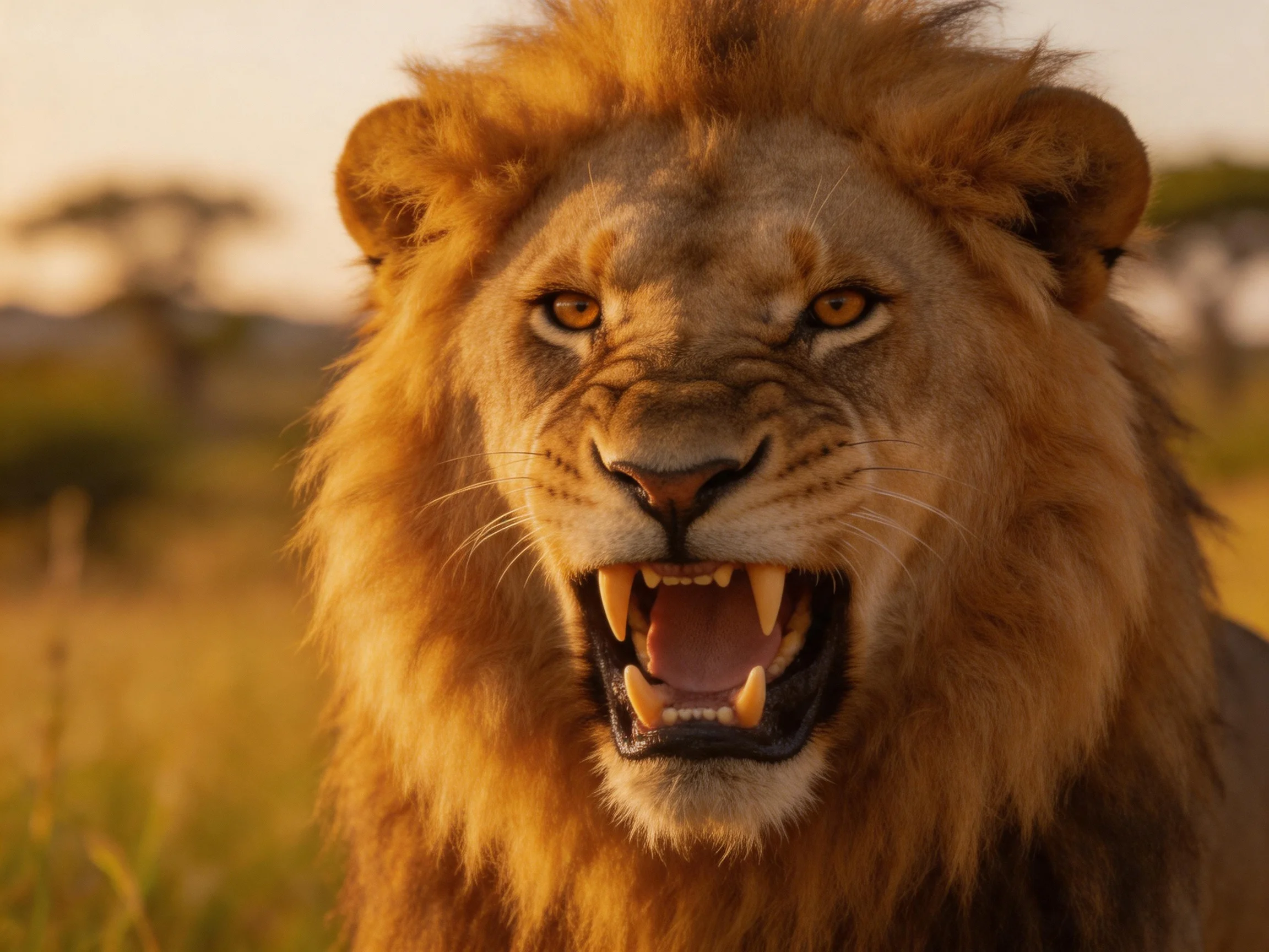 A powerful male lion roars in golden savannah light