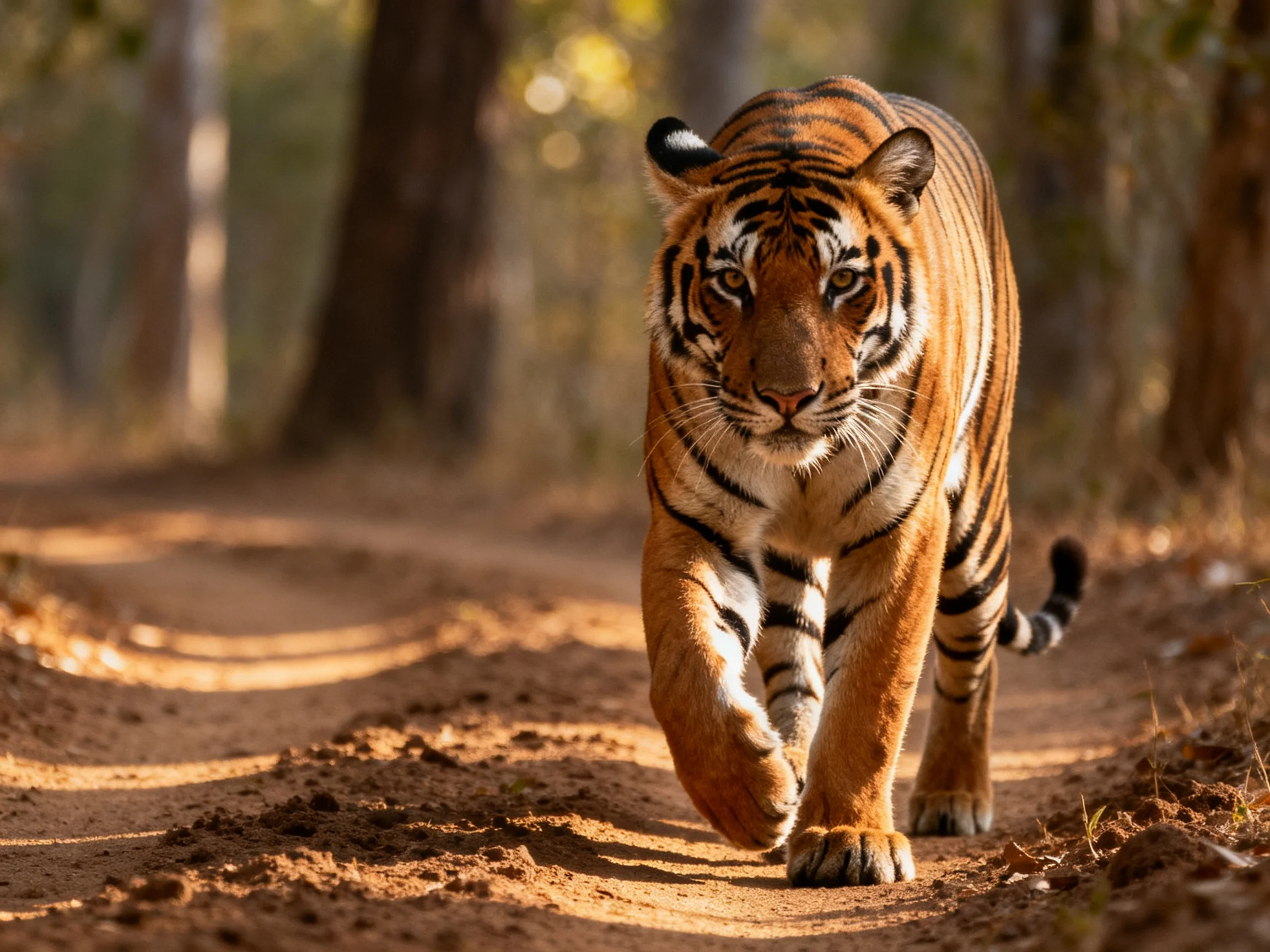 A powerful orange tiger walks confidently down a sunlit dirt path in the forest.