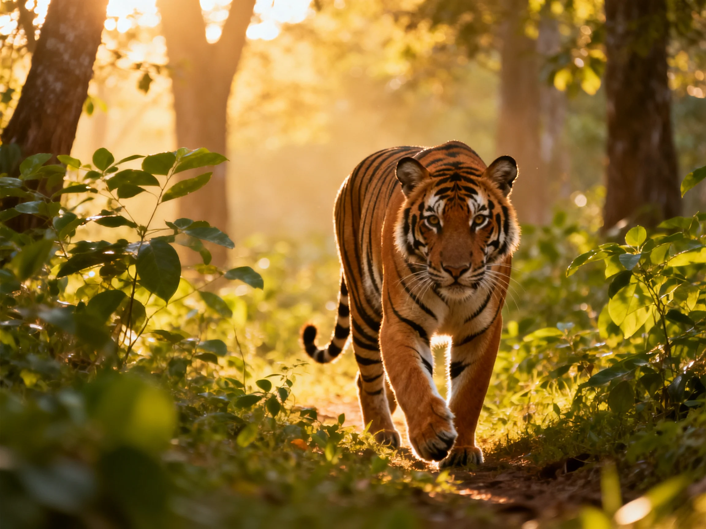 A tiger moves through a sunlit forest with lush greenery