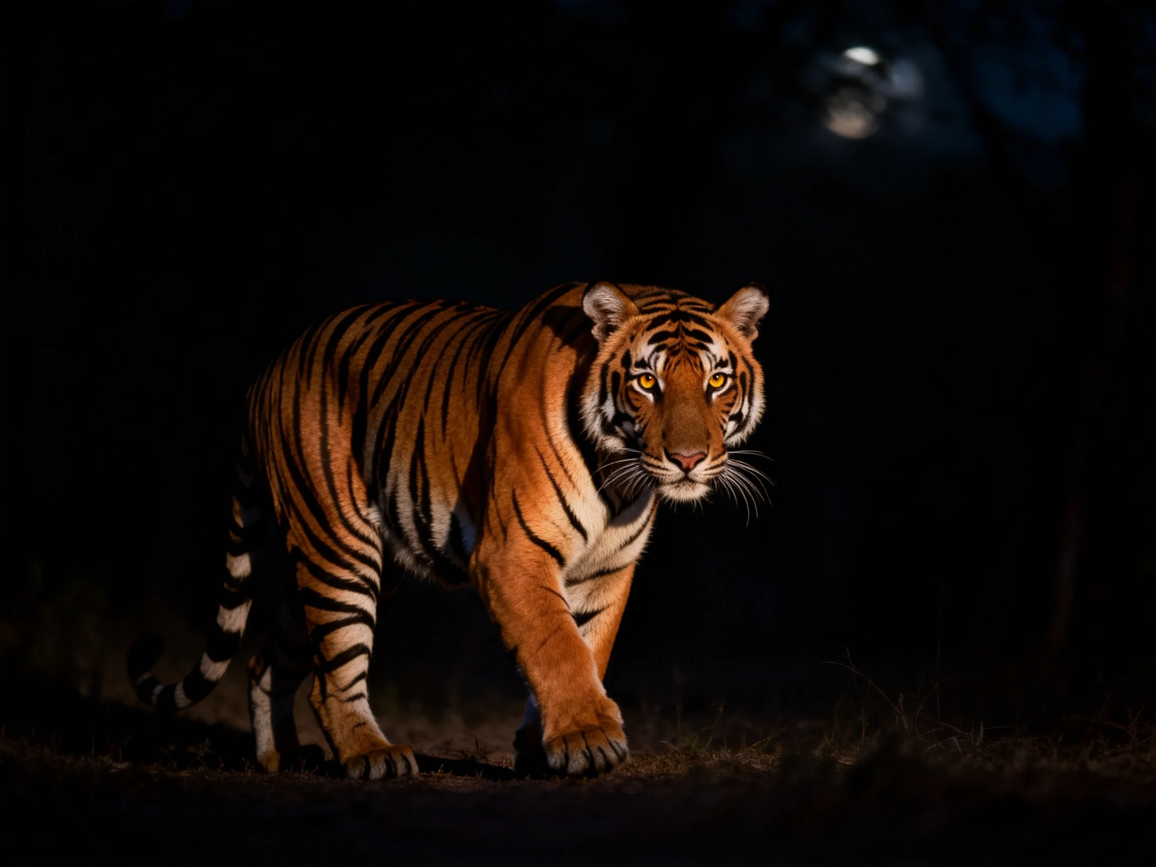 A powerful orange tiger with bold black stripes in a dark landscape