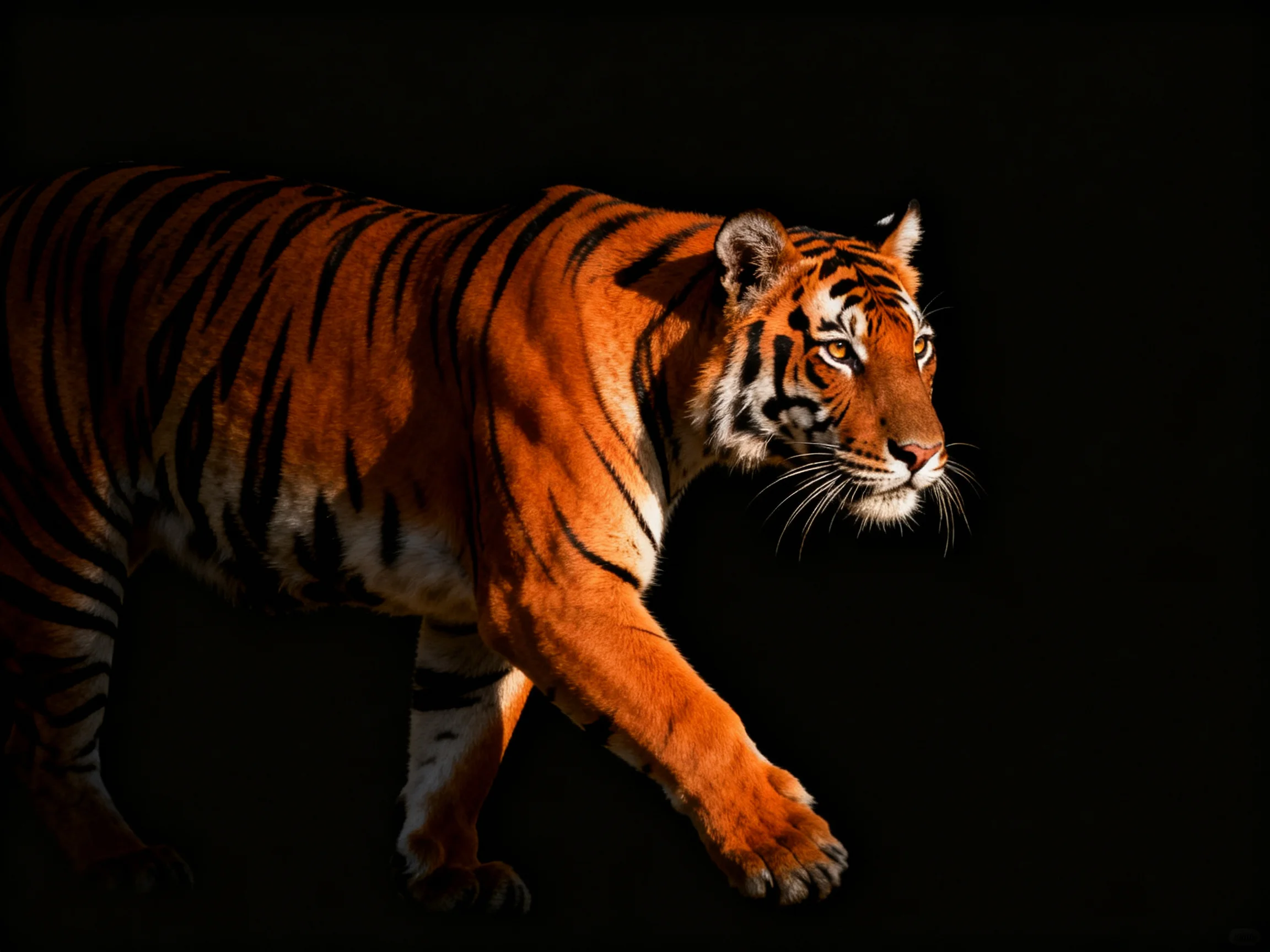 A powerful orange tiger with bold black stripes in dramatic low-light setting