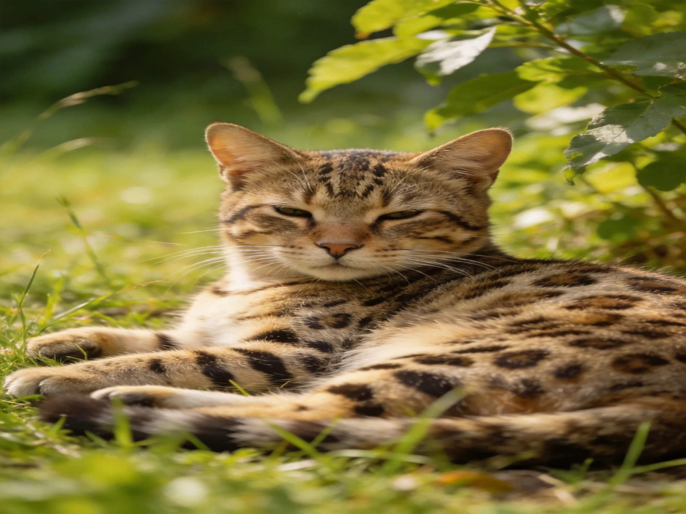 A single spotted cat rests peacefully among greenery in bright daylight.
