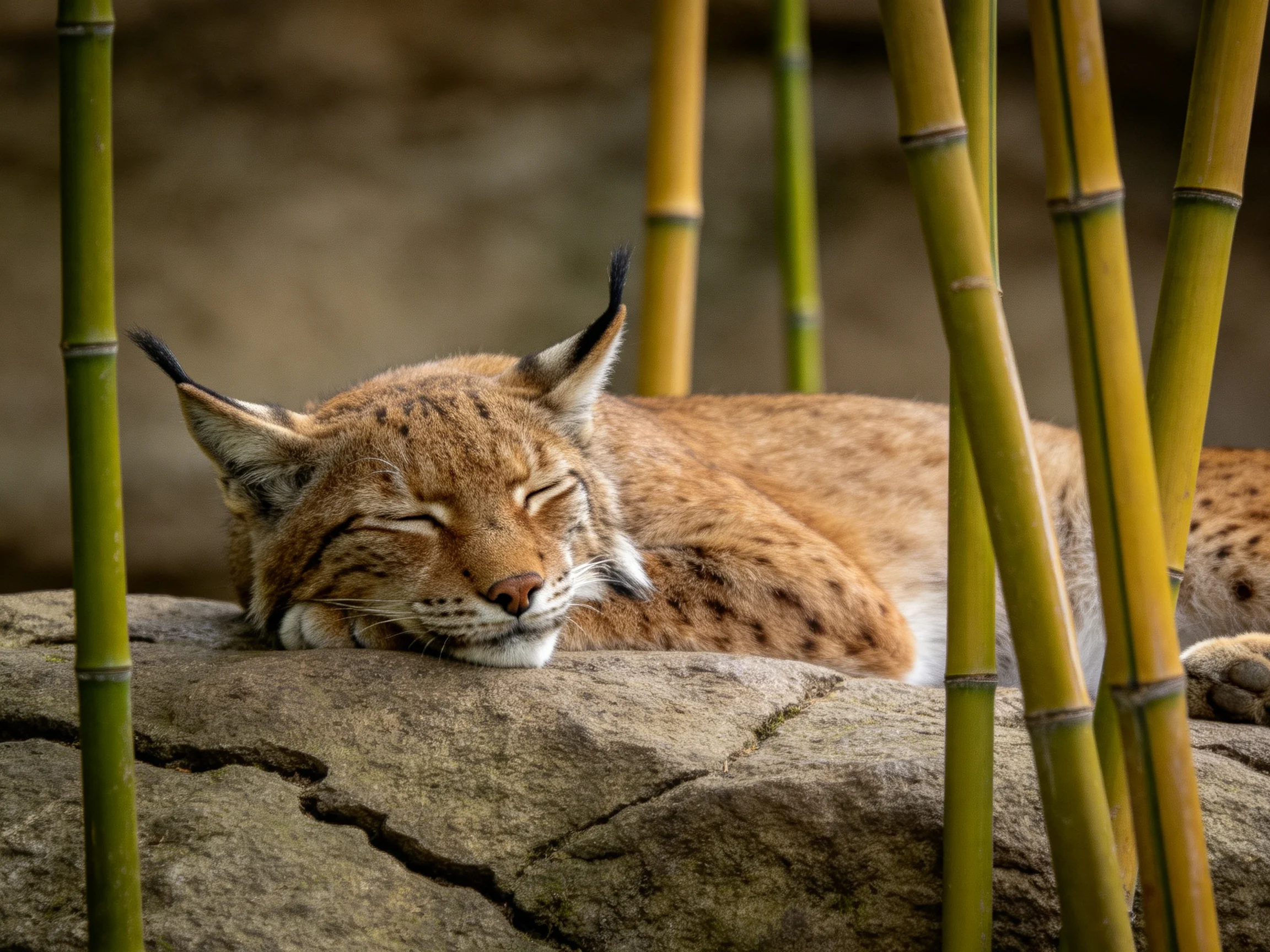 A lynx sleeps on a rock among bamboo stalks.