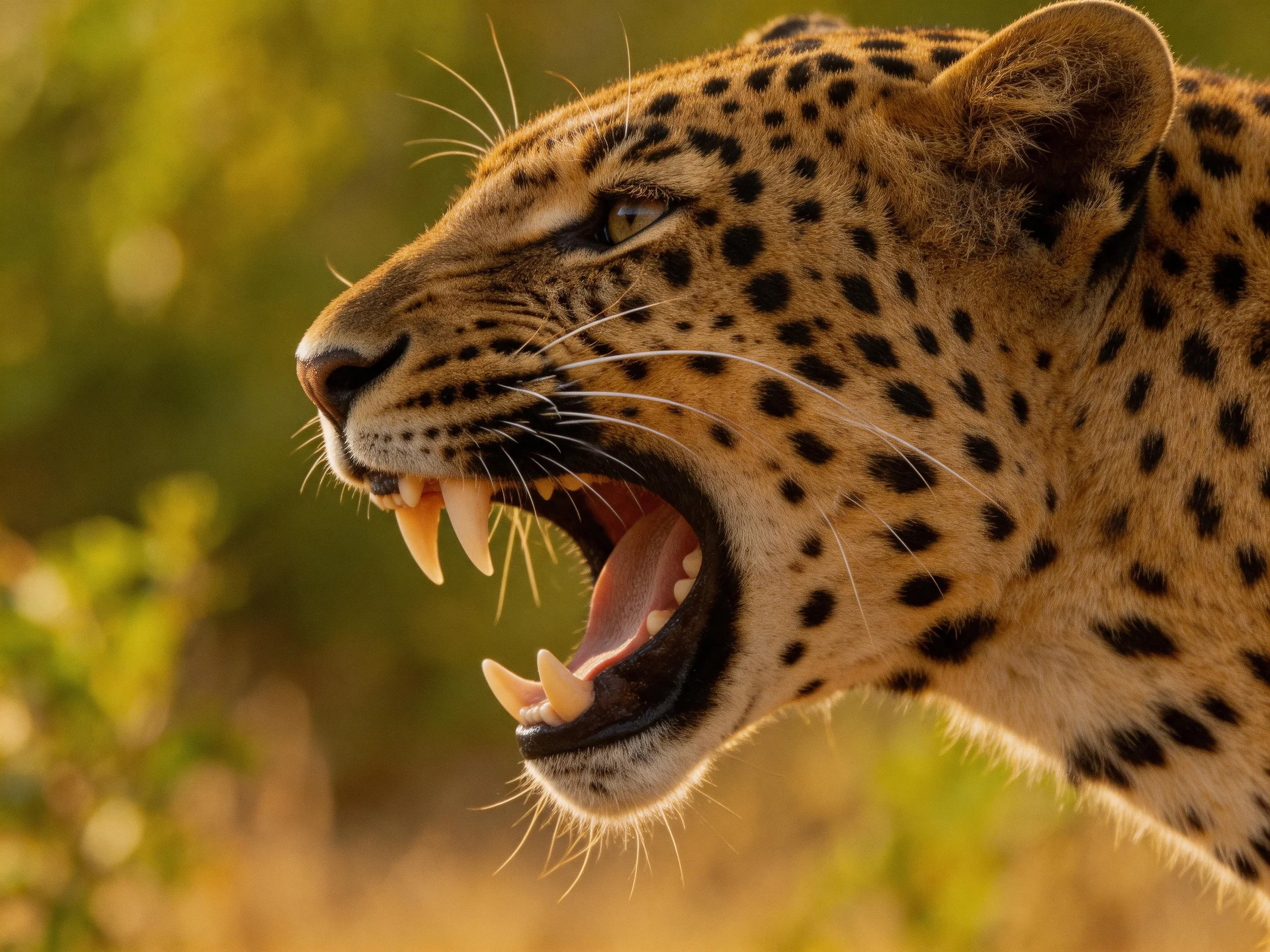 A roaring leopard with black - spotted fur and sharp fangs
