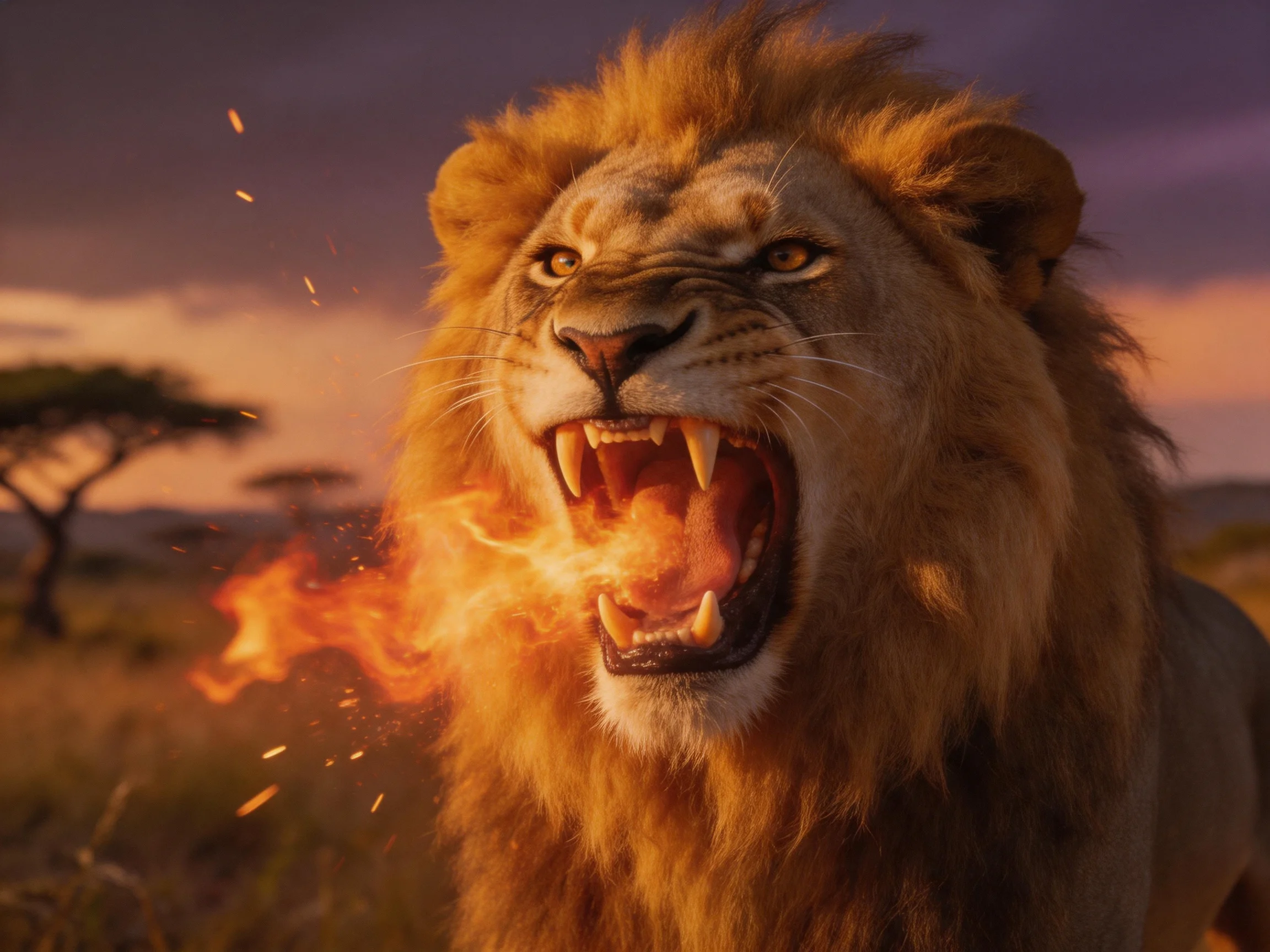 A roaring lion breathes fire in a savannah landscape