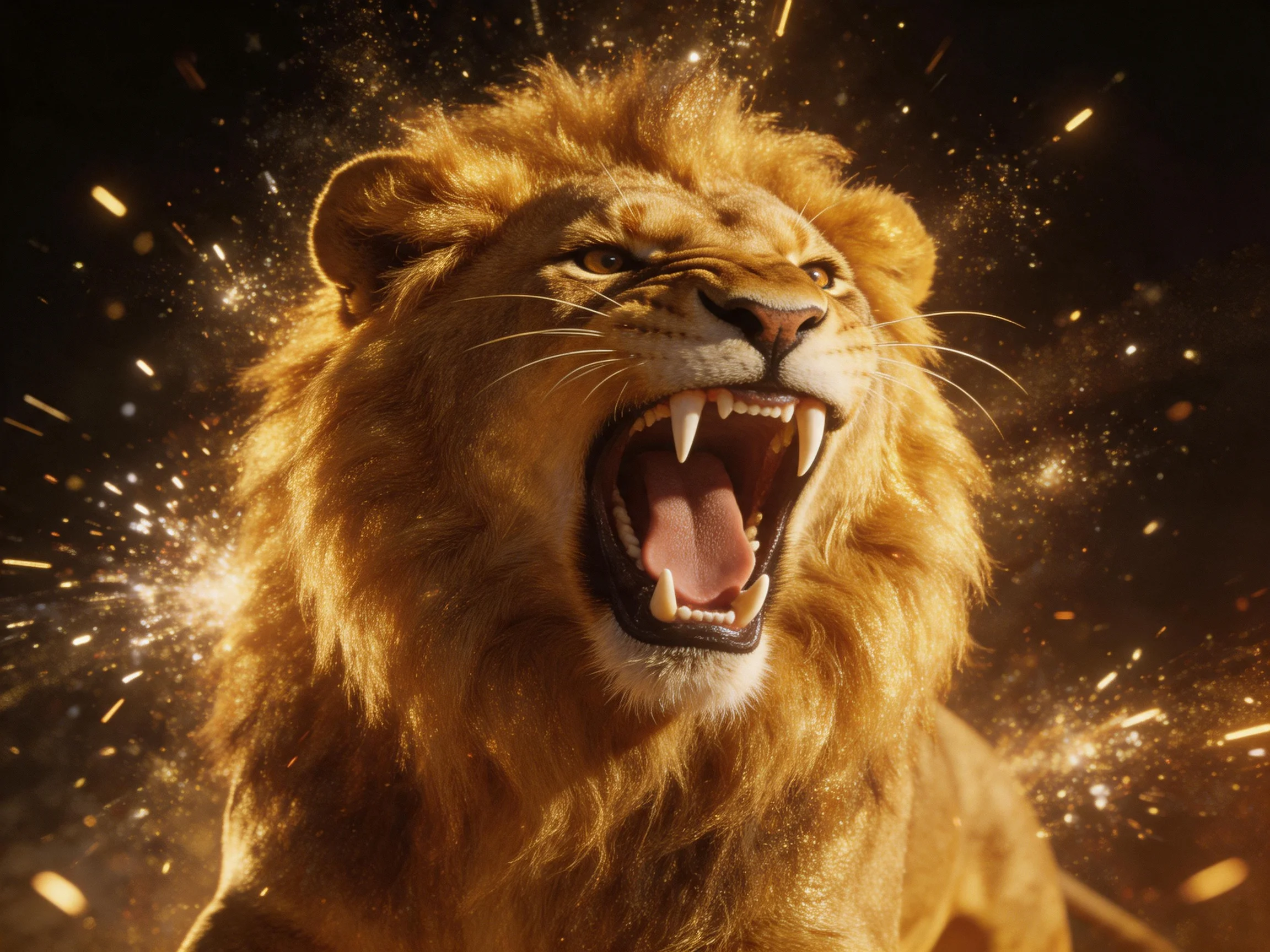 A roaring lion with golden mane amid dark, glowing particles