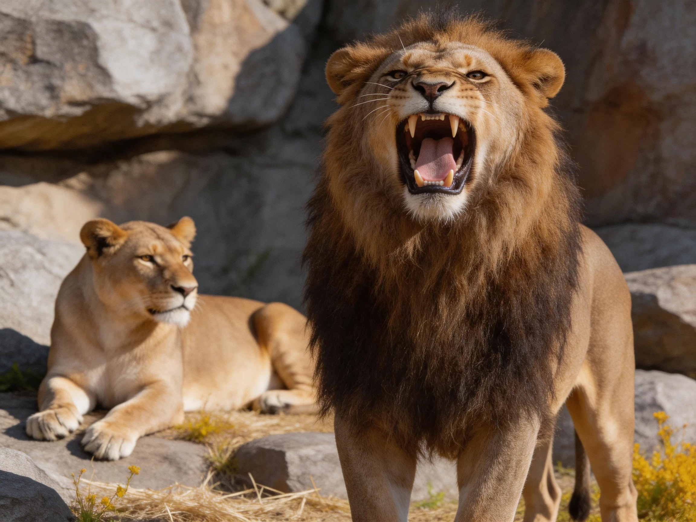 A roaring male lion stands beside a resting female lion near rocky terrain