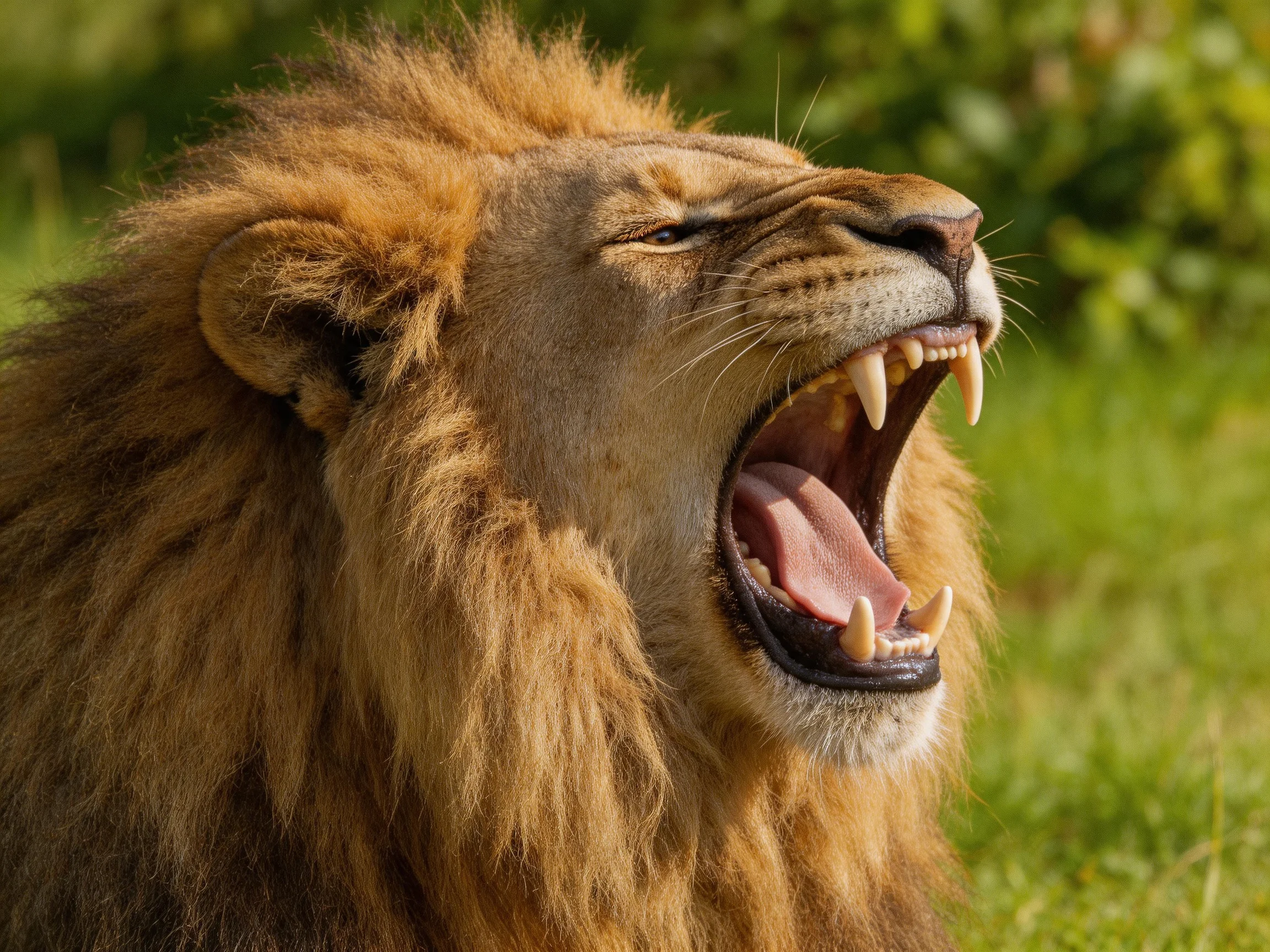 A male lion roars, displaying its teeth and mane in a sunlit natural space.
