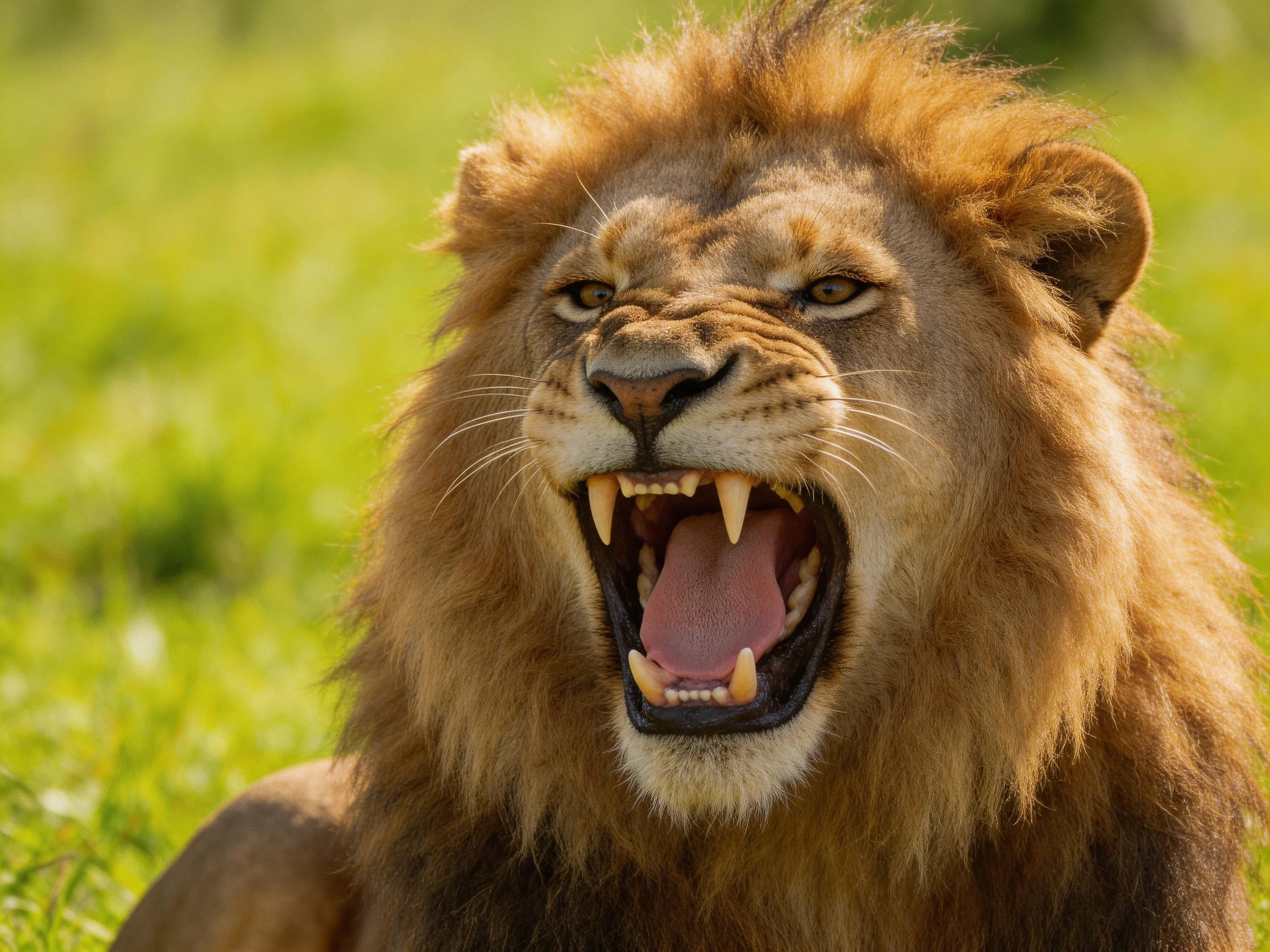 A roaring male lion with thick golden mane in vibrant green grass