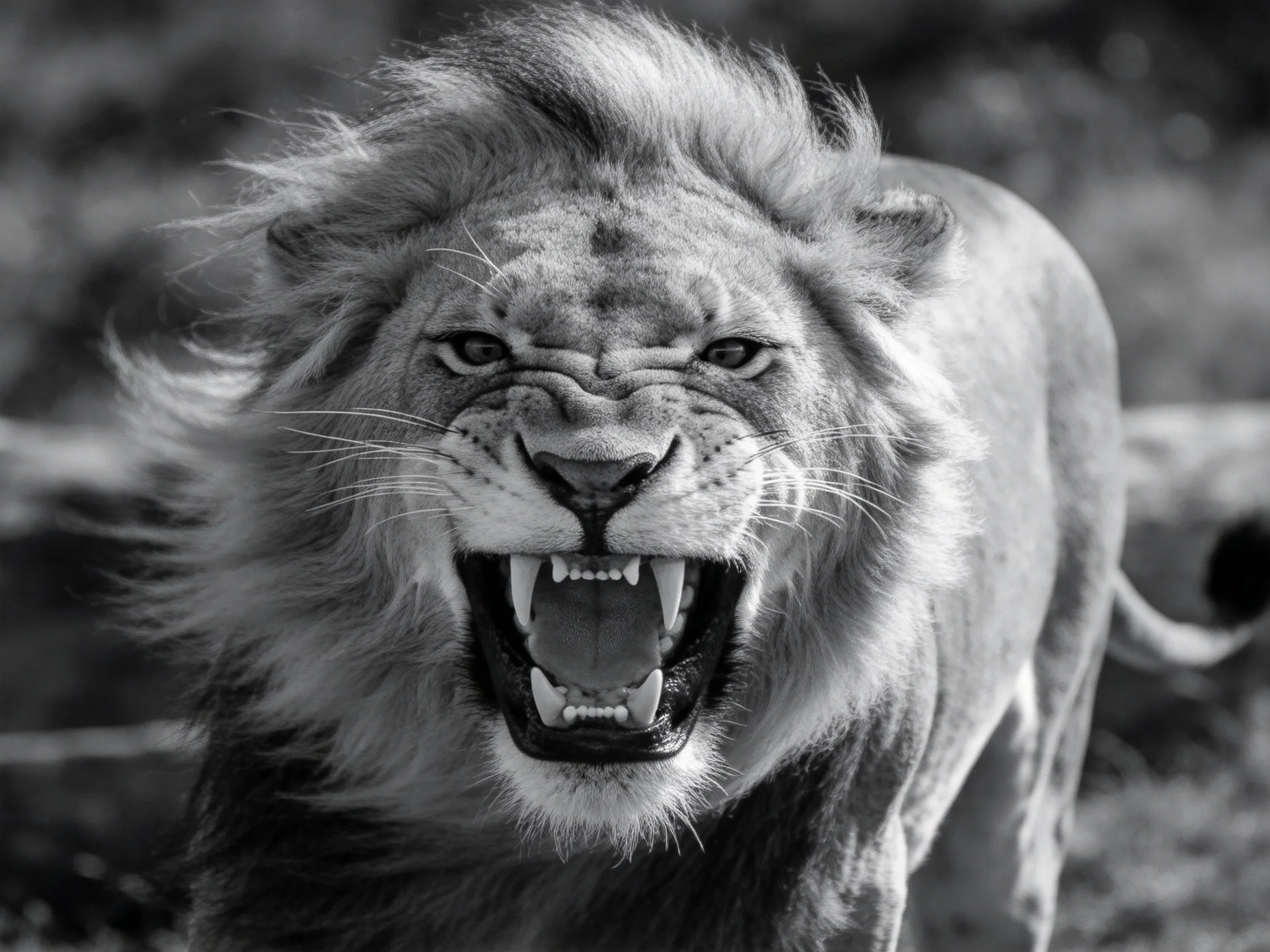 A roaring male lion with wild mane in monochrome photography