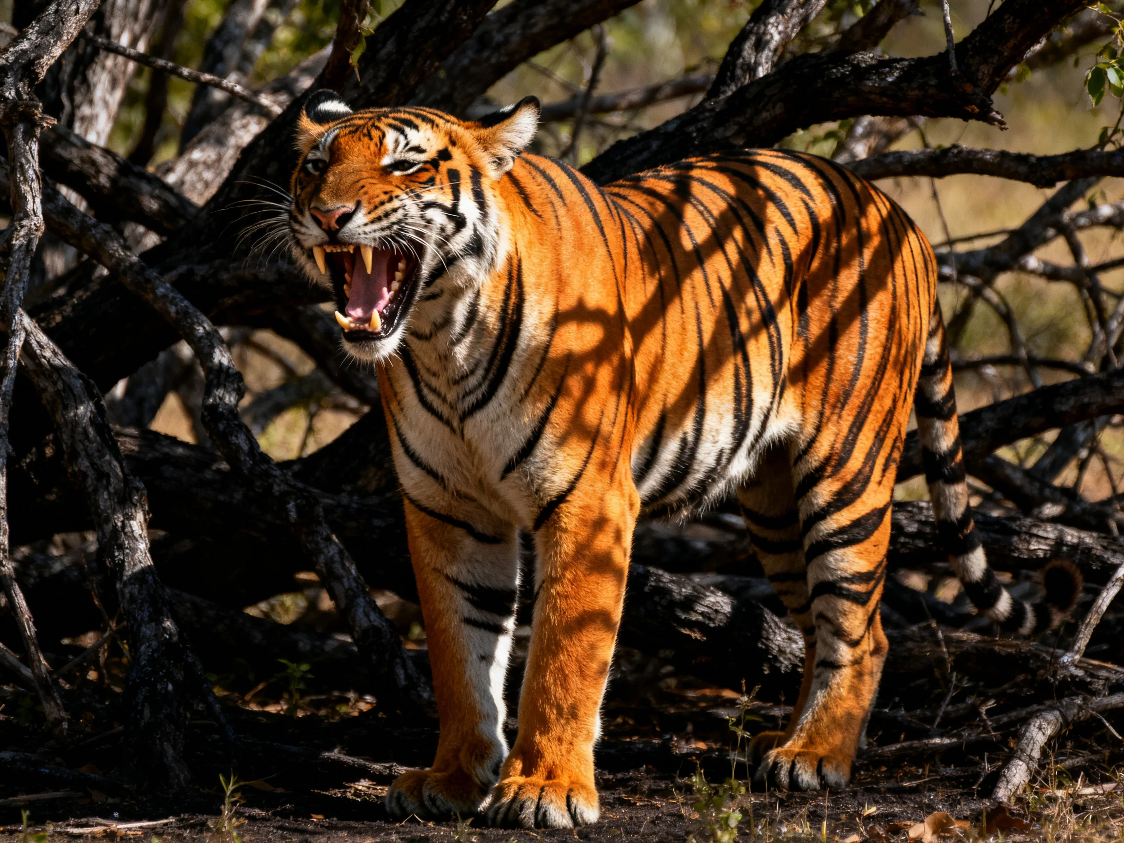 A tiger roars near tangled branches, displaying its orange and black striped coat.