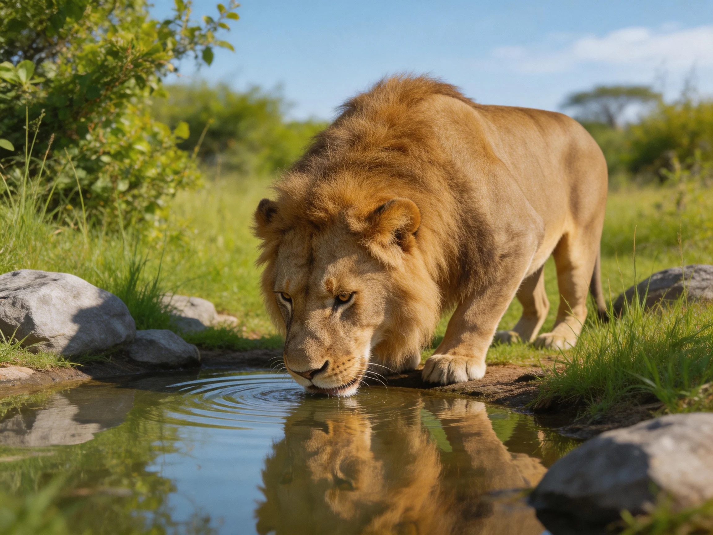 A robust brown lion drinks from a small pond in a sunlit savannah.
