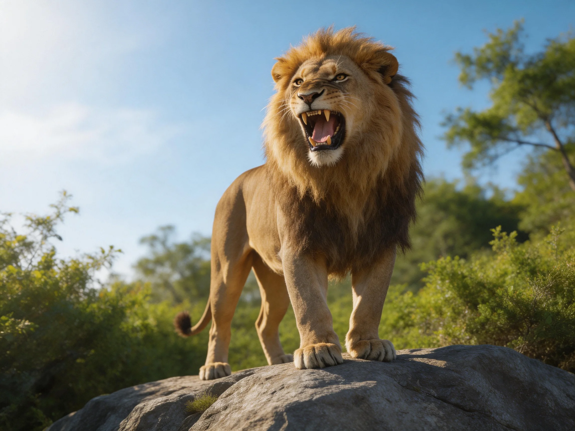 A robust brown lion roars atop a large gray rock in a sunlit landscape
