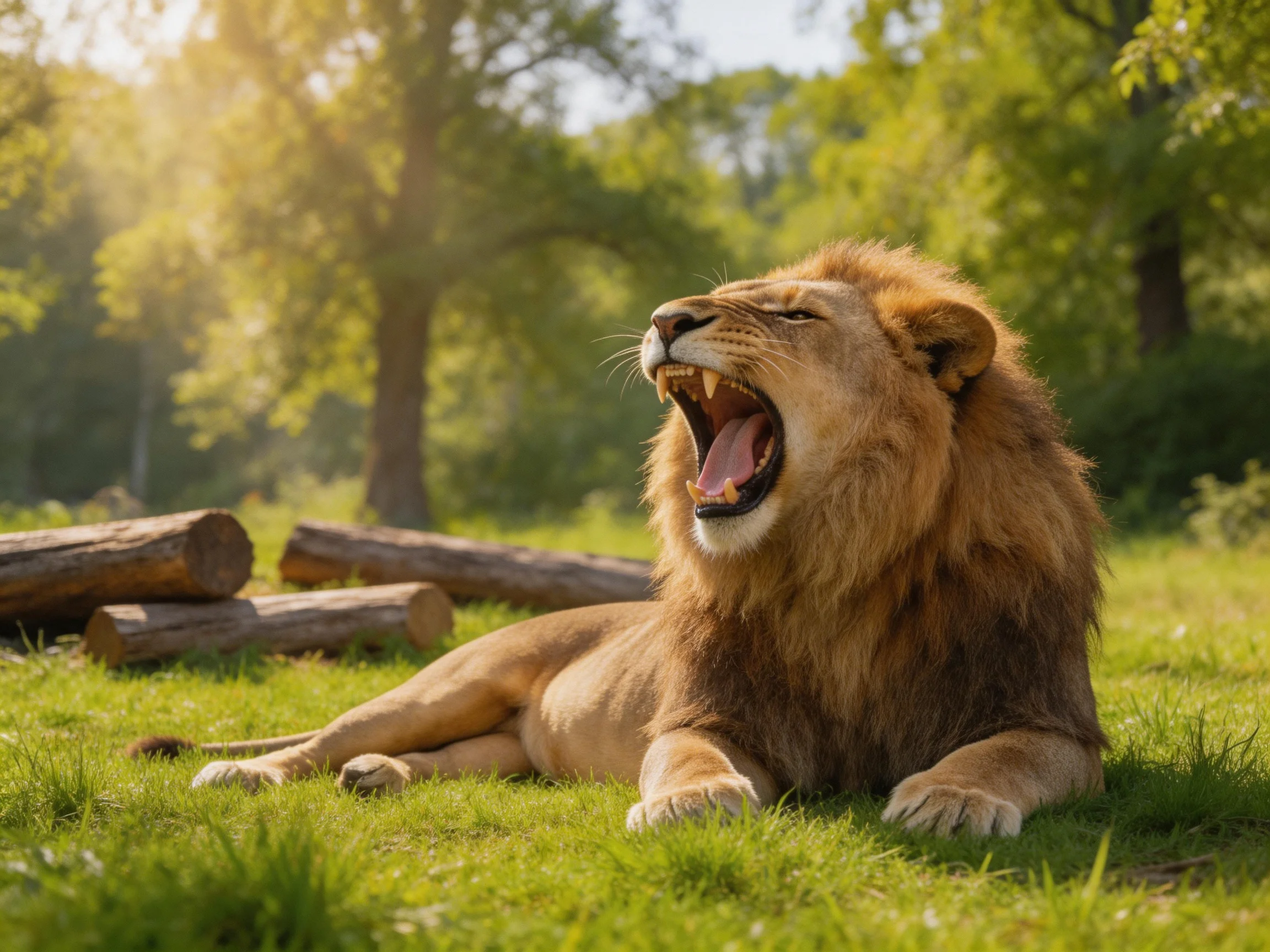 A robust brown lion roars on green grass near logs.