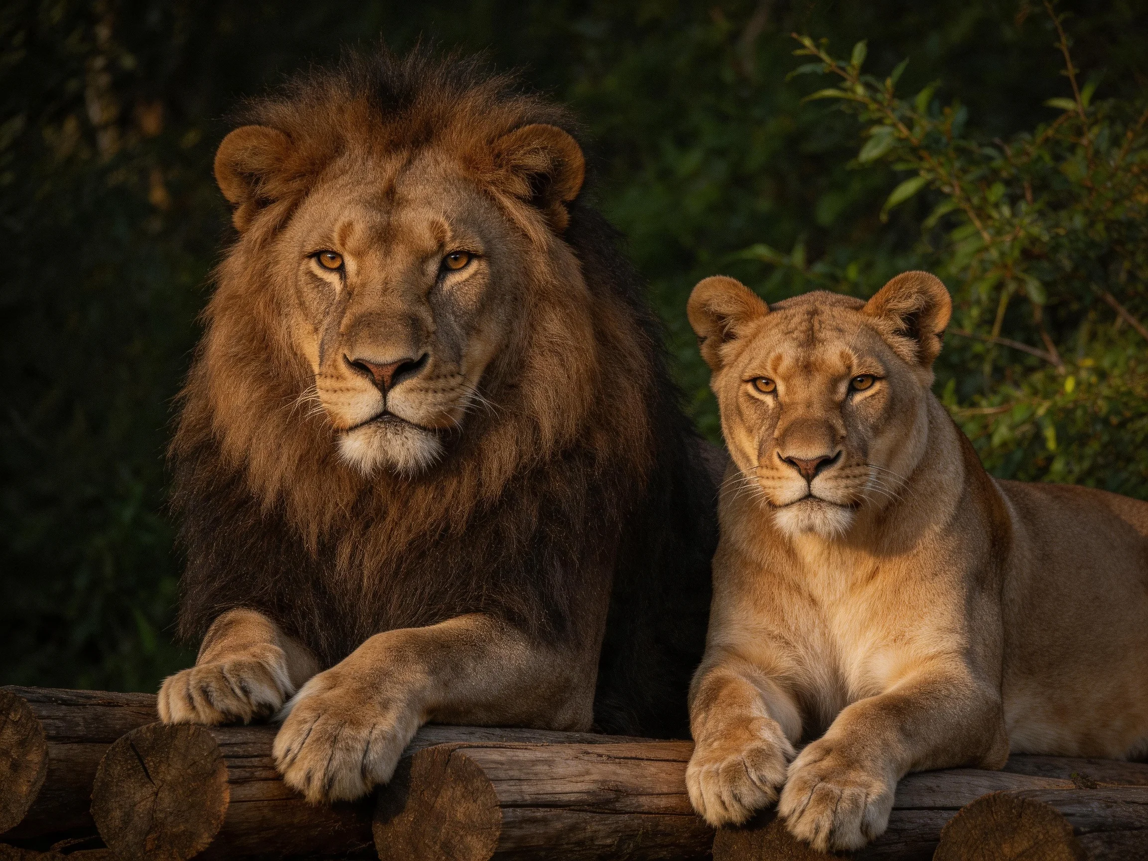 A robust brown-maned lion rests beside a tawny lioness on wooden logs