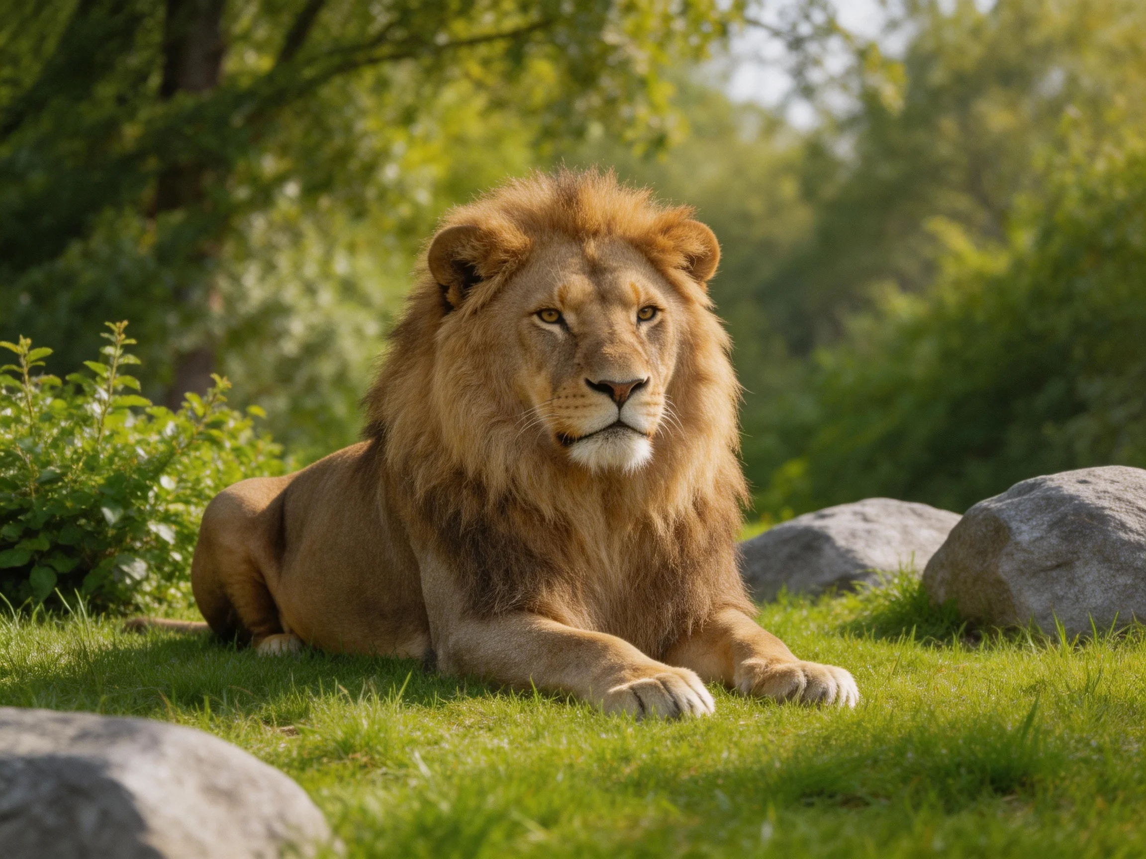 A robust golden lion reclines on lush green grass near massive gray rocks