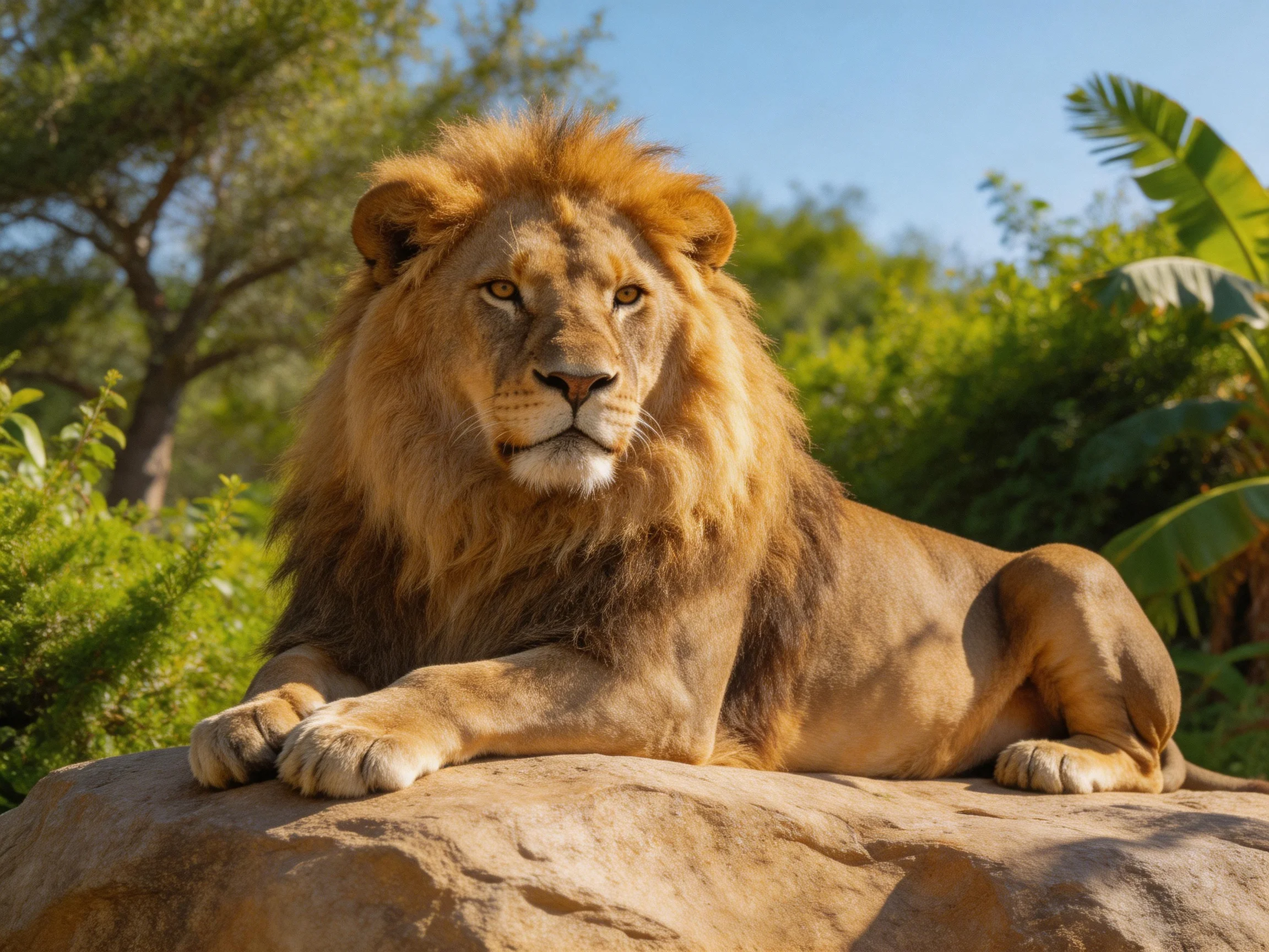 A golden lion rests on a rock surrounded by greenery under sunny conditions.