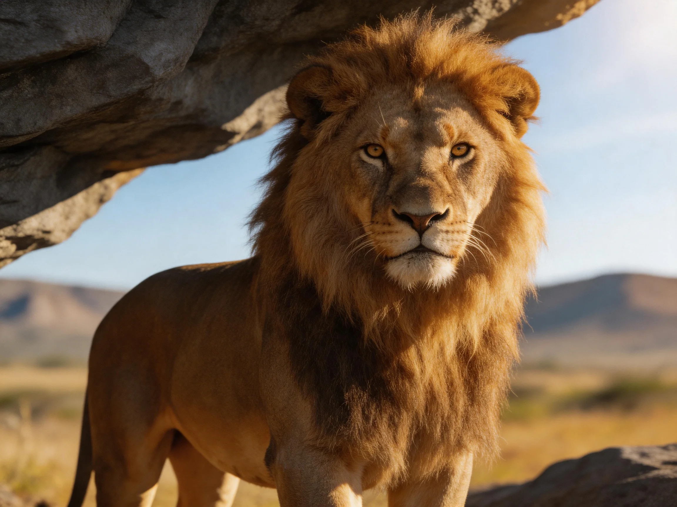A robust golden lion stands beneath a rocky overhang in a sunlit savannah.