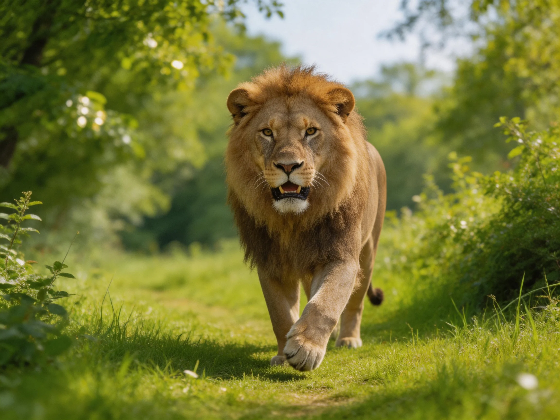 A robust golden lion strides along a sun-drenched grassy path amid dense green foliage