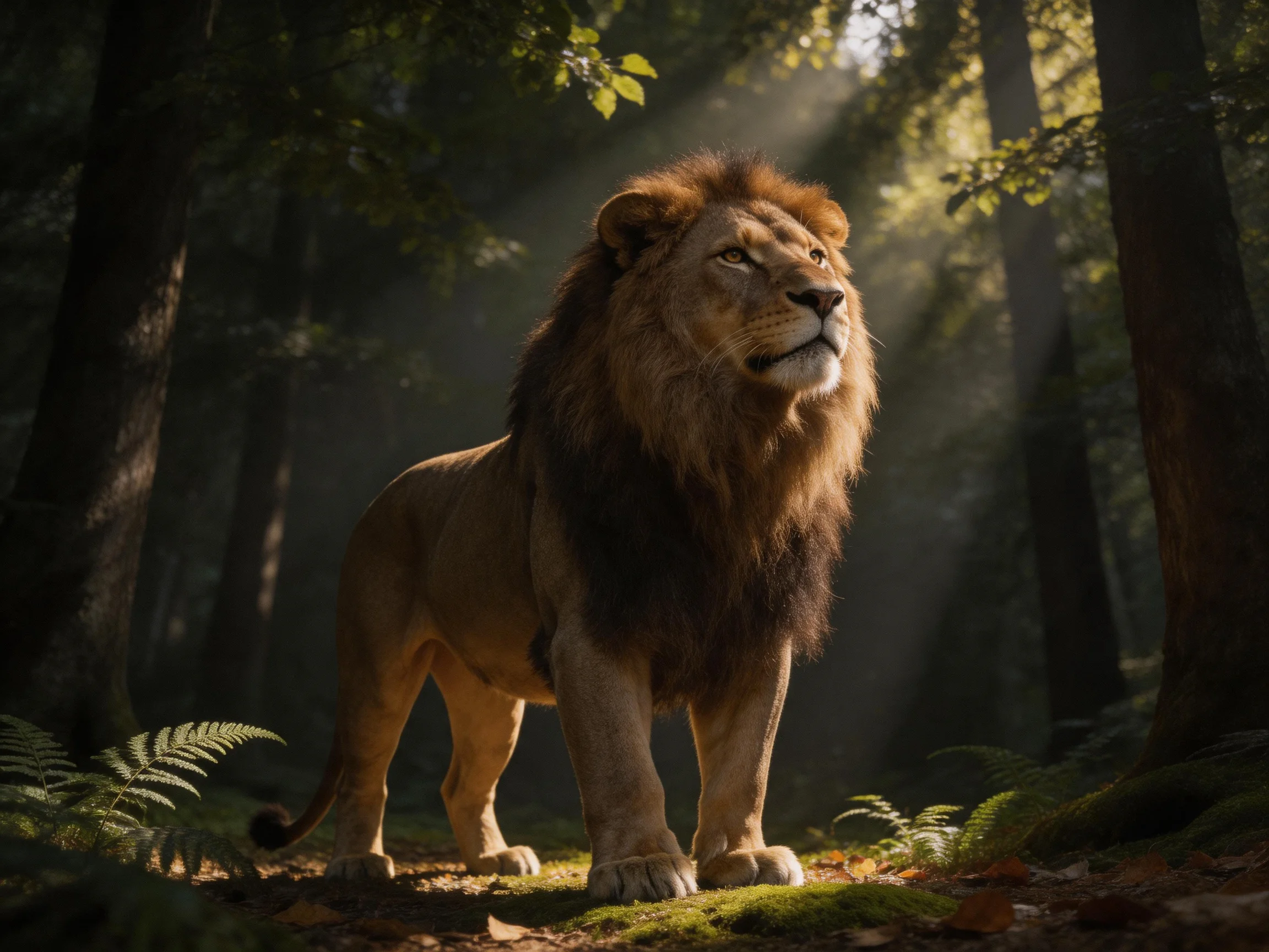 A robust golden lion stands in a sun-dappled forest