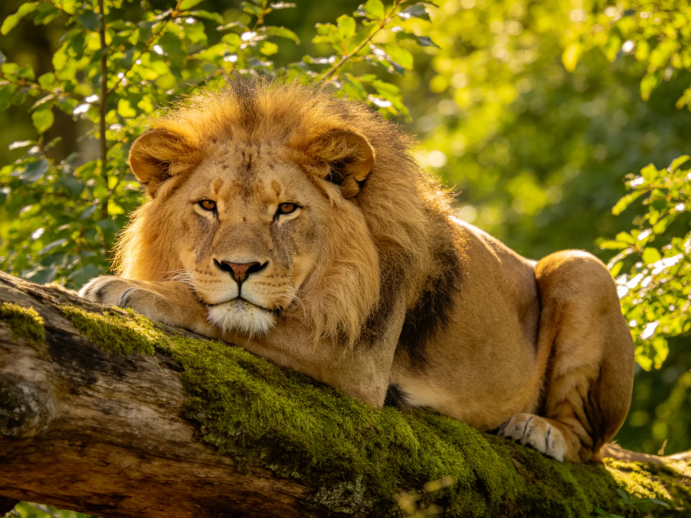 A lion relaxes on a mossy tree trunk surrounded by dense greenery.