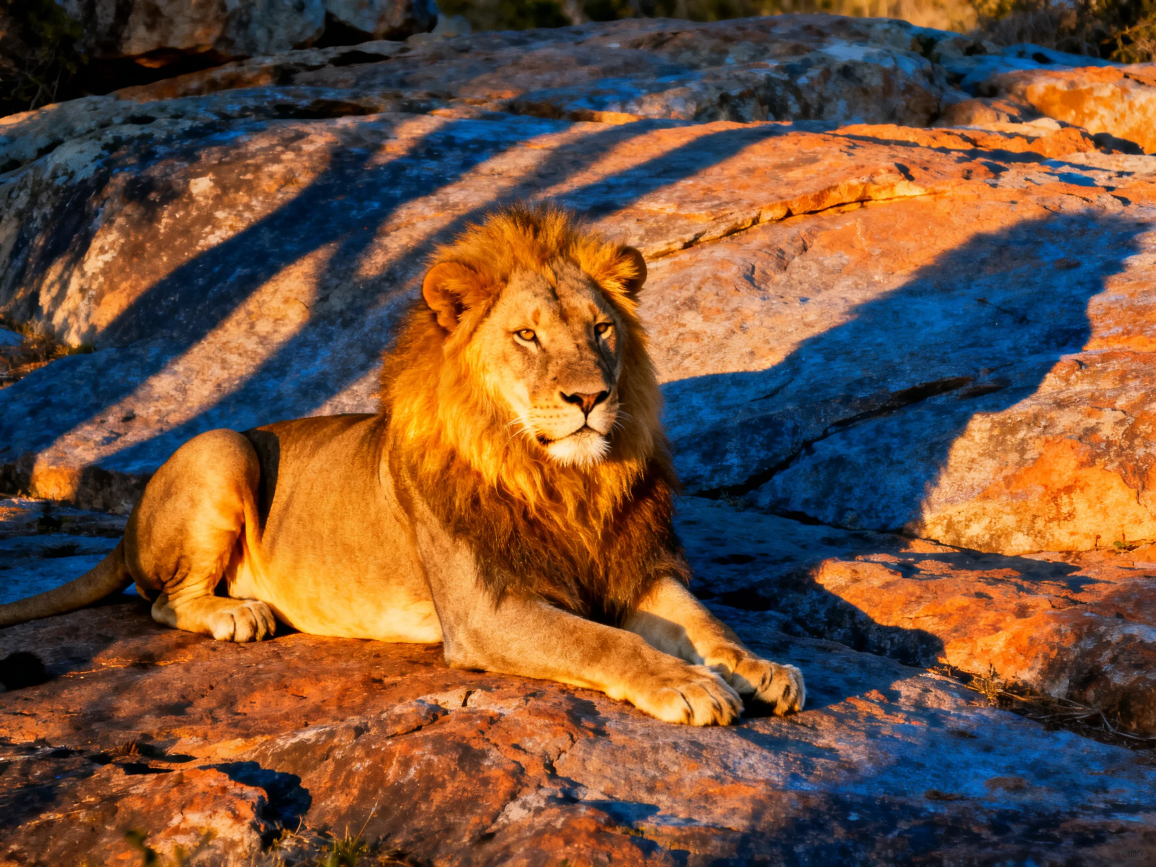 A lion relaxes on large rocks bathed in warm sunlight.