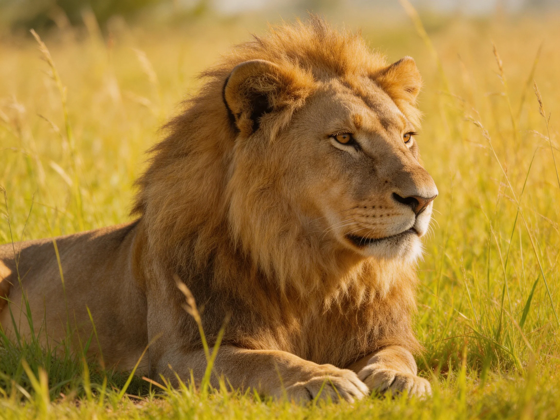 A lion rests calmly in tall grass within a sunlit savanna.