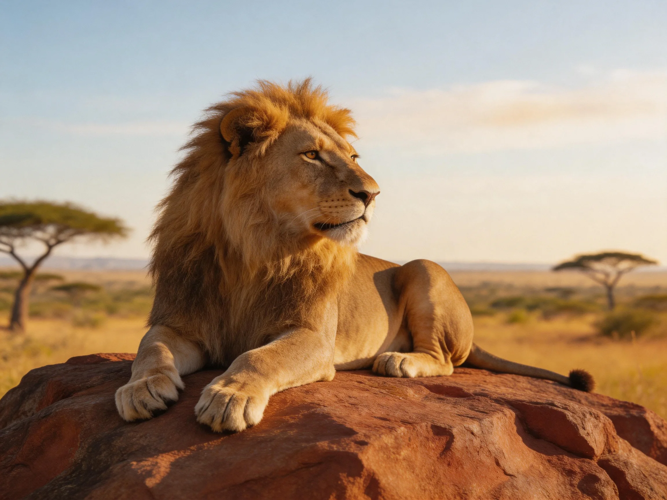 A robust lion relaxes on a reddish rock in the golden savannah landscape.