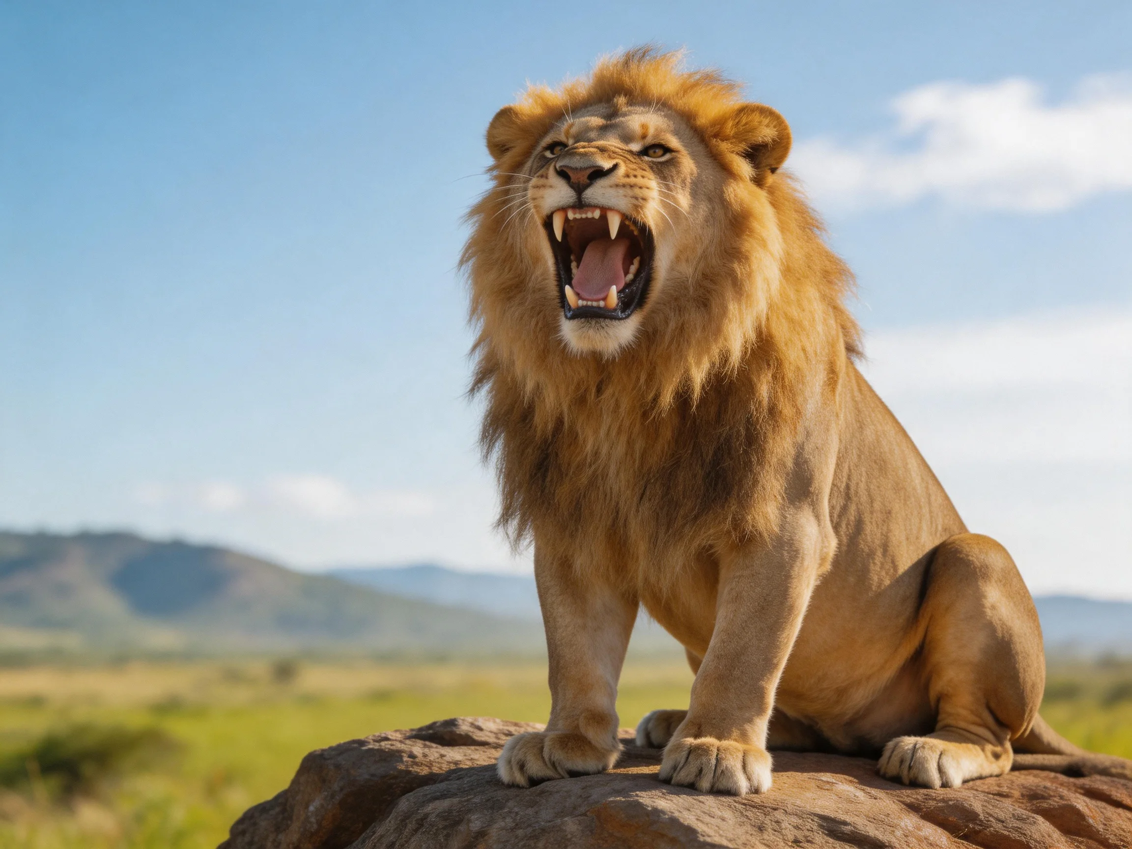 A robust lion roars atop a rocky formation in the savannah