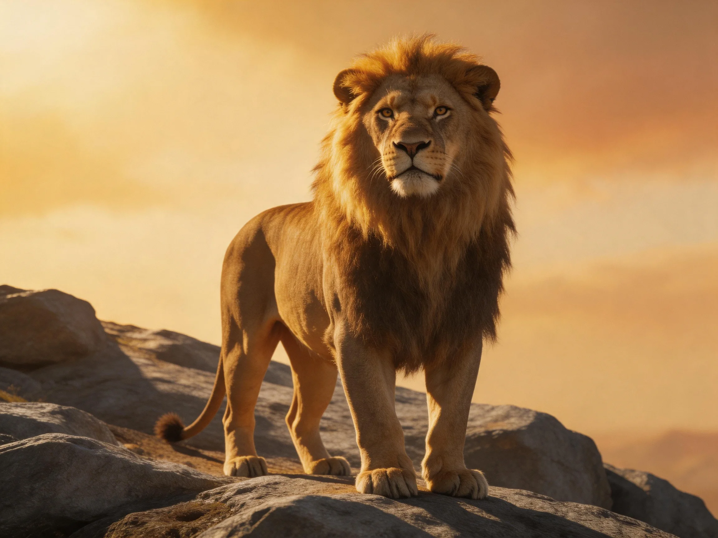A lion stands on rocky terrain during a golden sunset.
