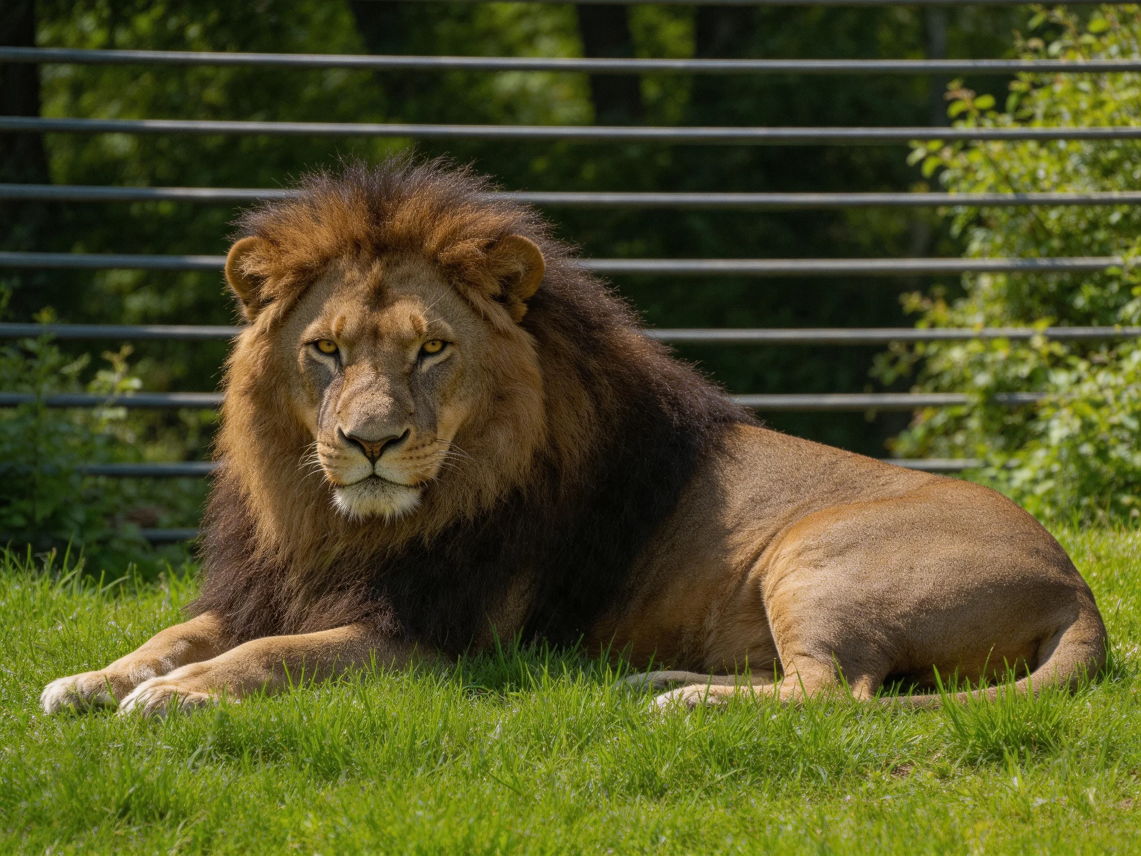 A lion rests on green grass near a metal fence.