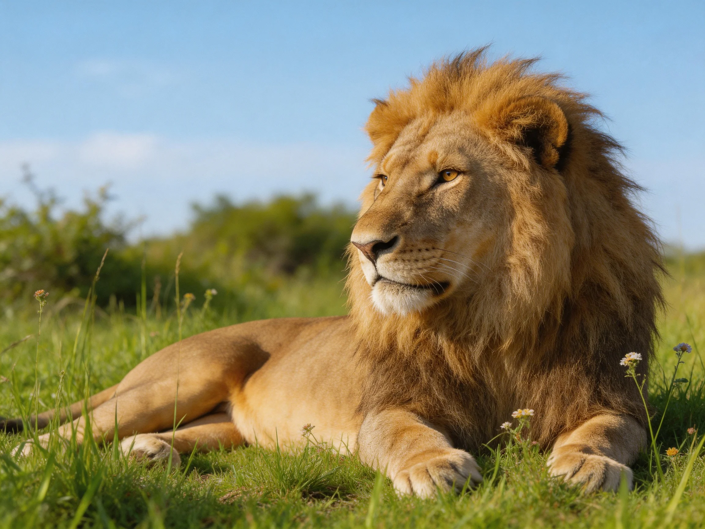 A robust lion with a thick golden mane rests on green grass.