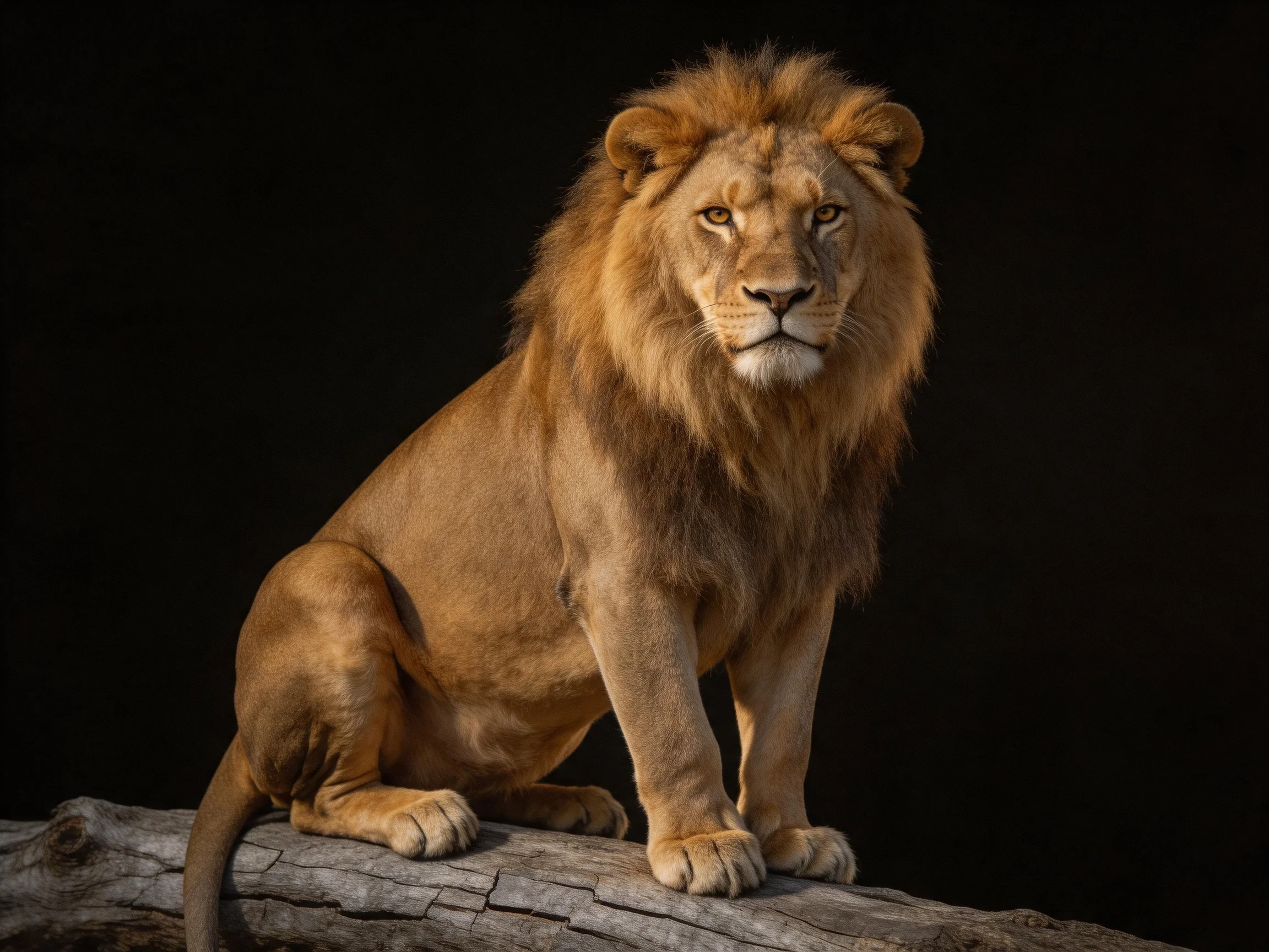 A robust lion sits on a weathered log with a dark backdrop.