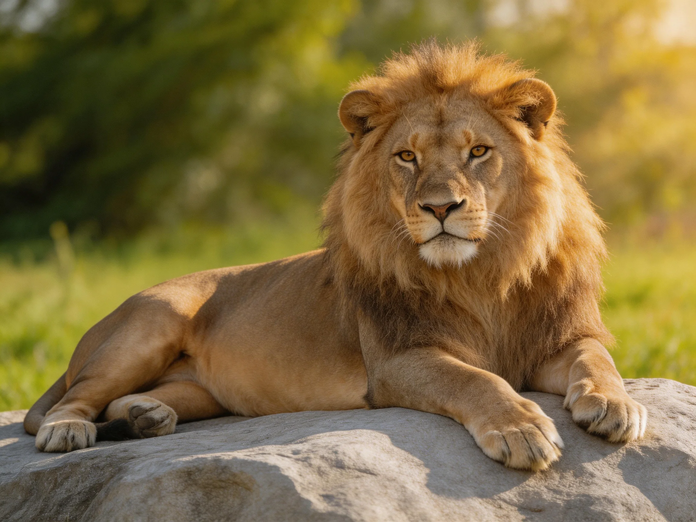 A lion with a thick mane relaxes on a rock in a sunlit outdoor setting.