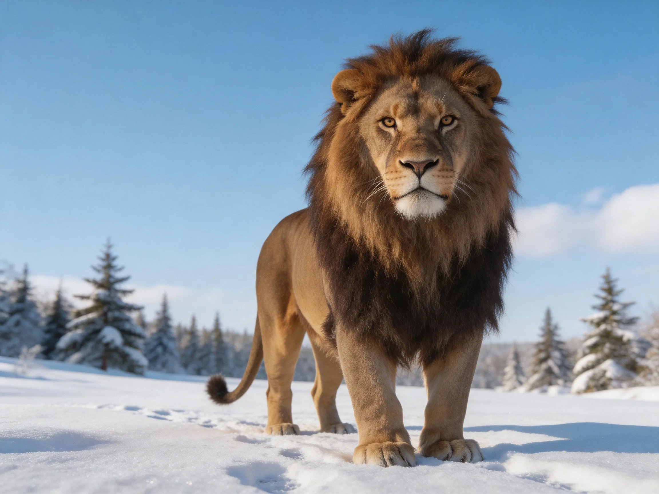 A lion with a thick mane traverses a snowy landscape dotted with snow-capped evergreens.
