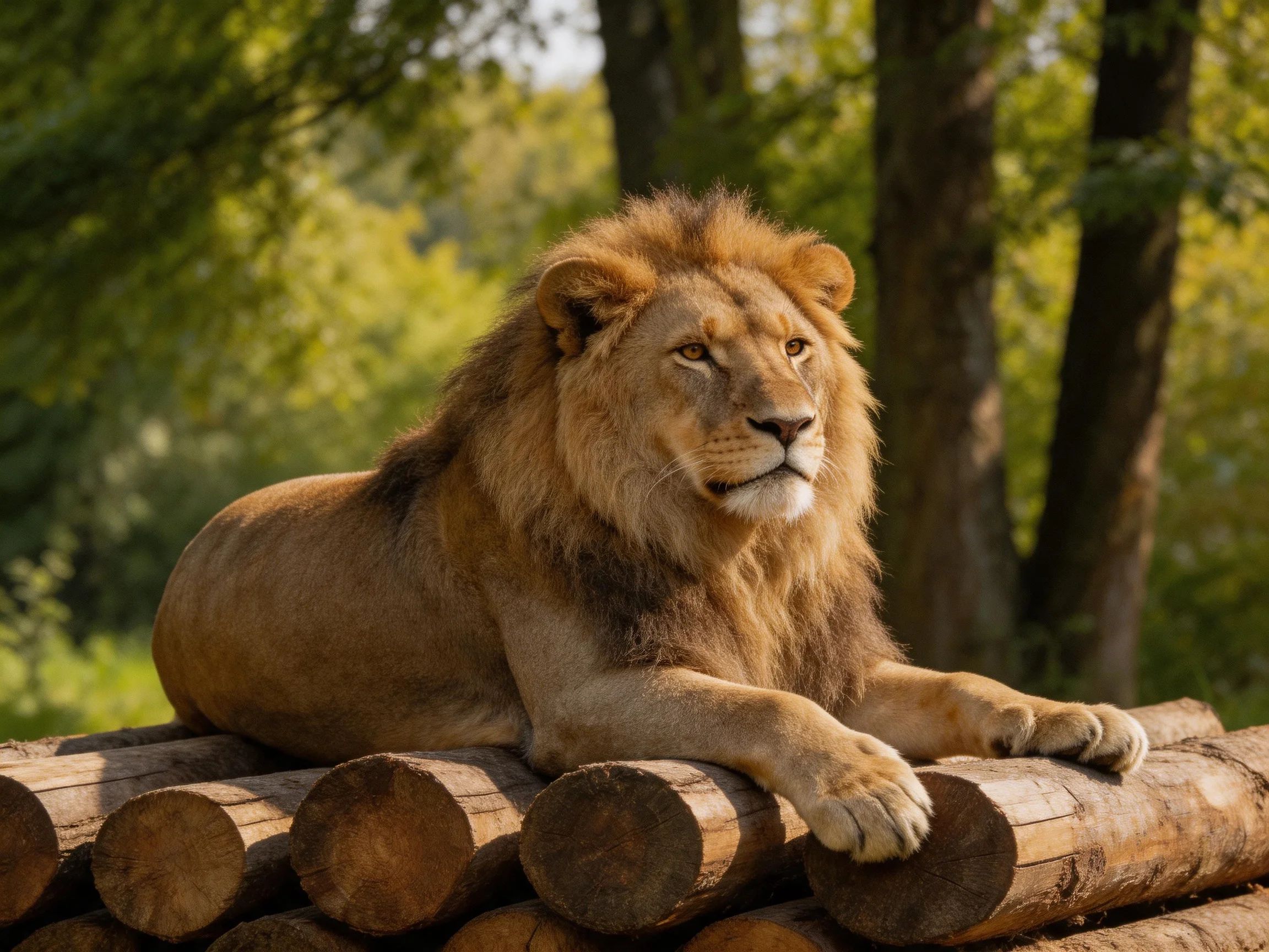 A lion rests on stacked logs in a sunlit area with green trees