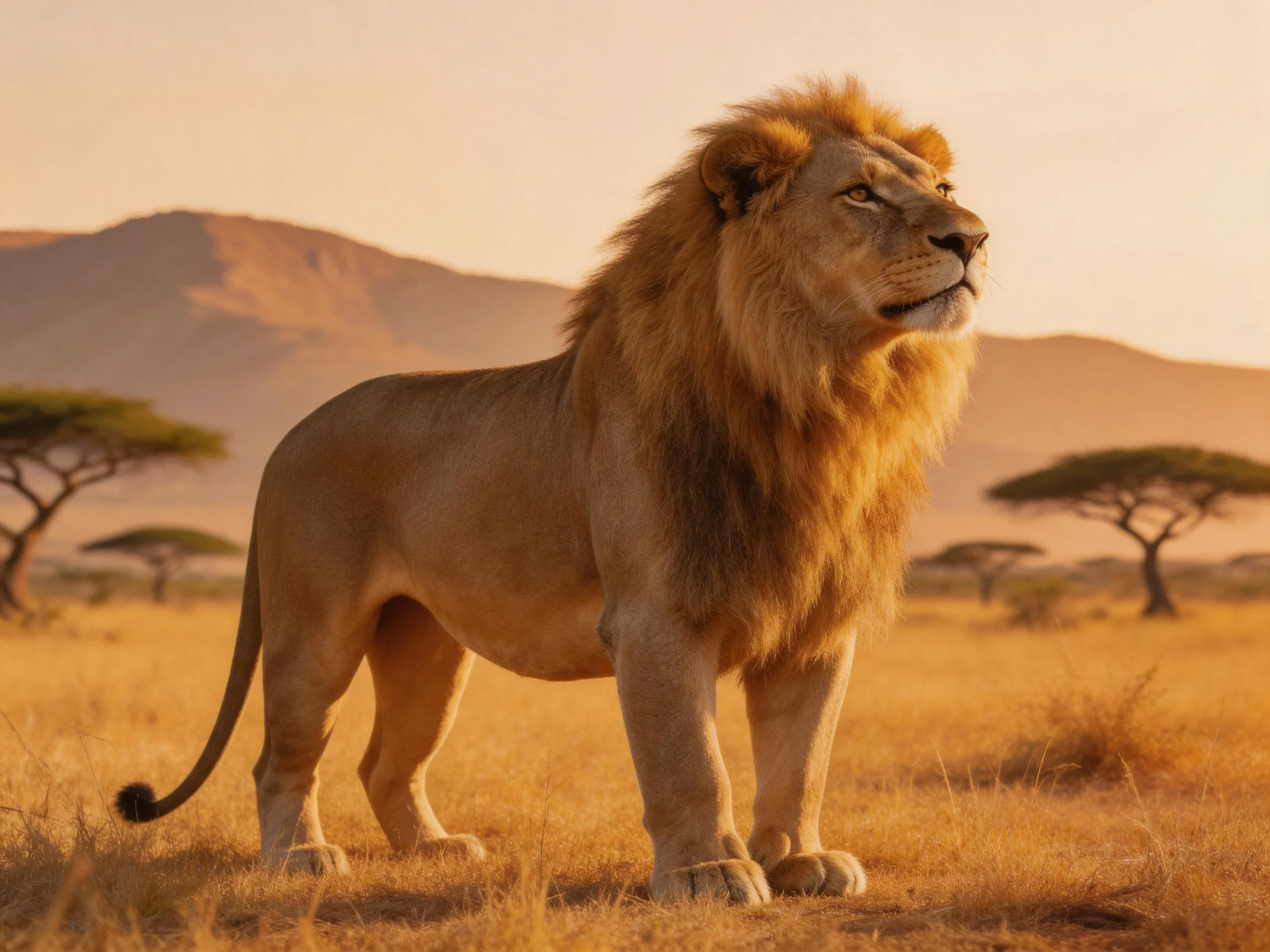 A lion stands alert in a sunlit savannah landscape.