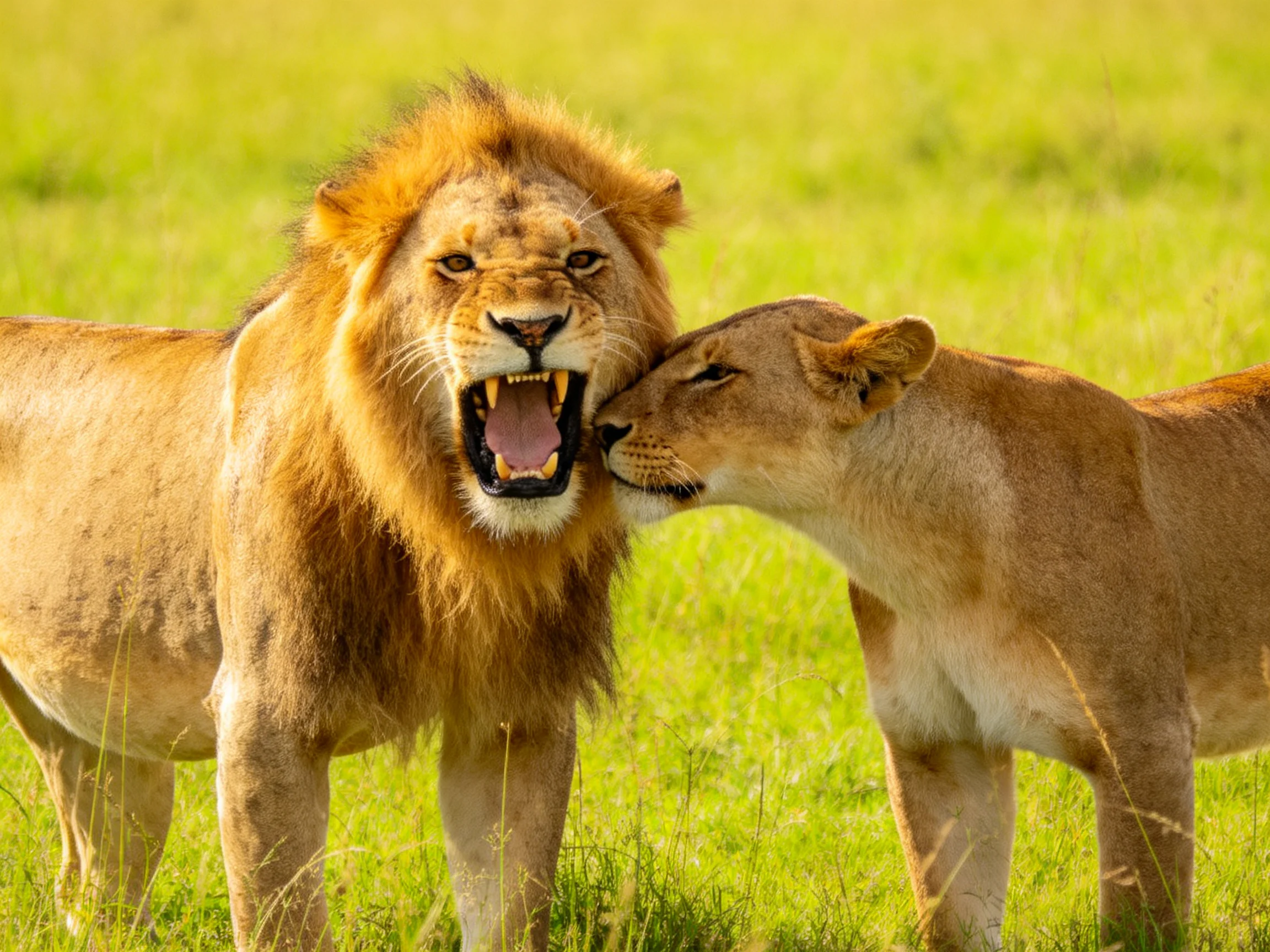 A robust male lion and lioness interact in a sunlit savannah