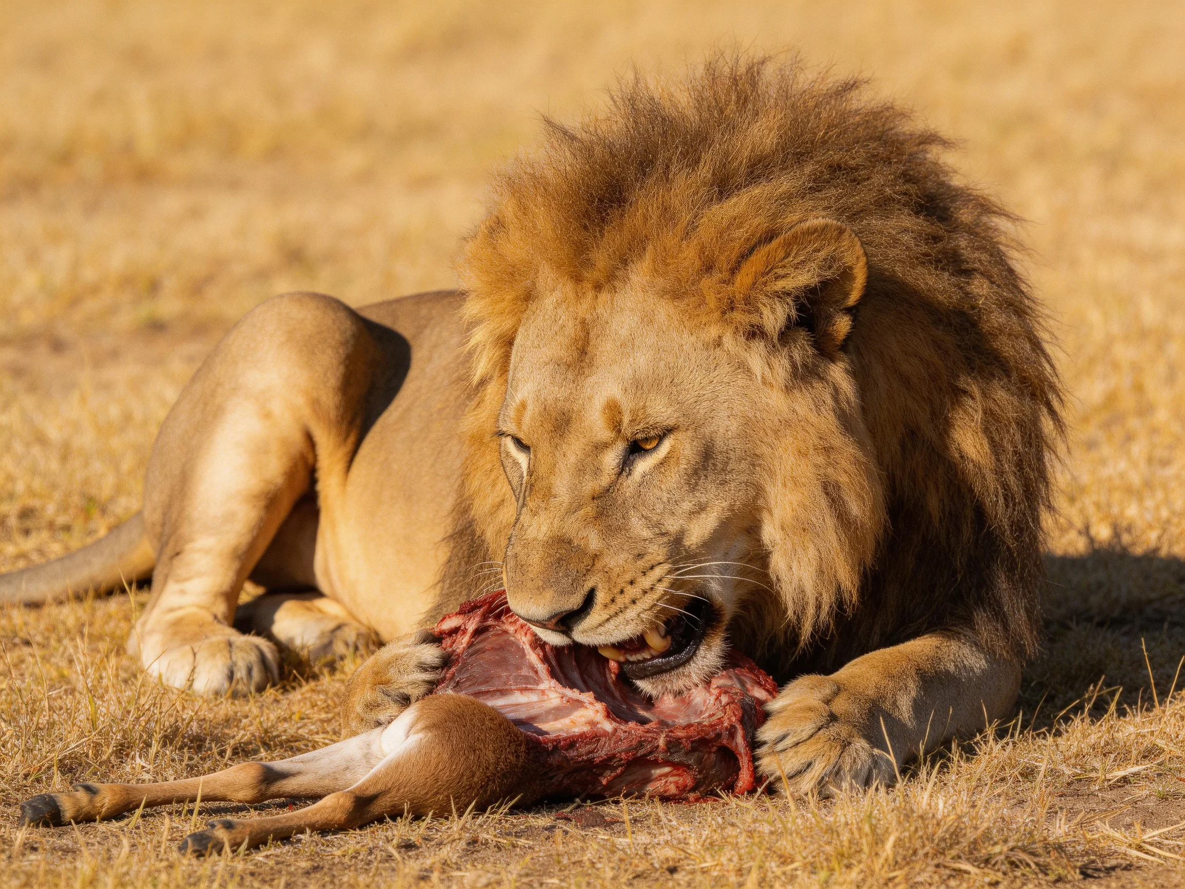A robust male lion feeds on prey in the golden savannah.
