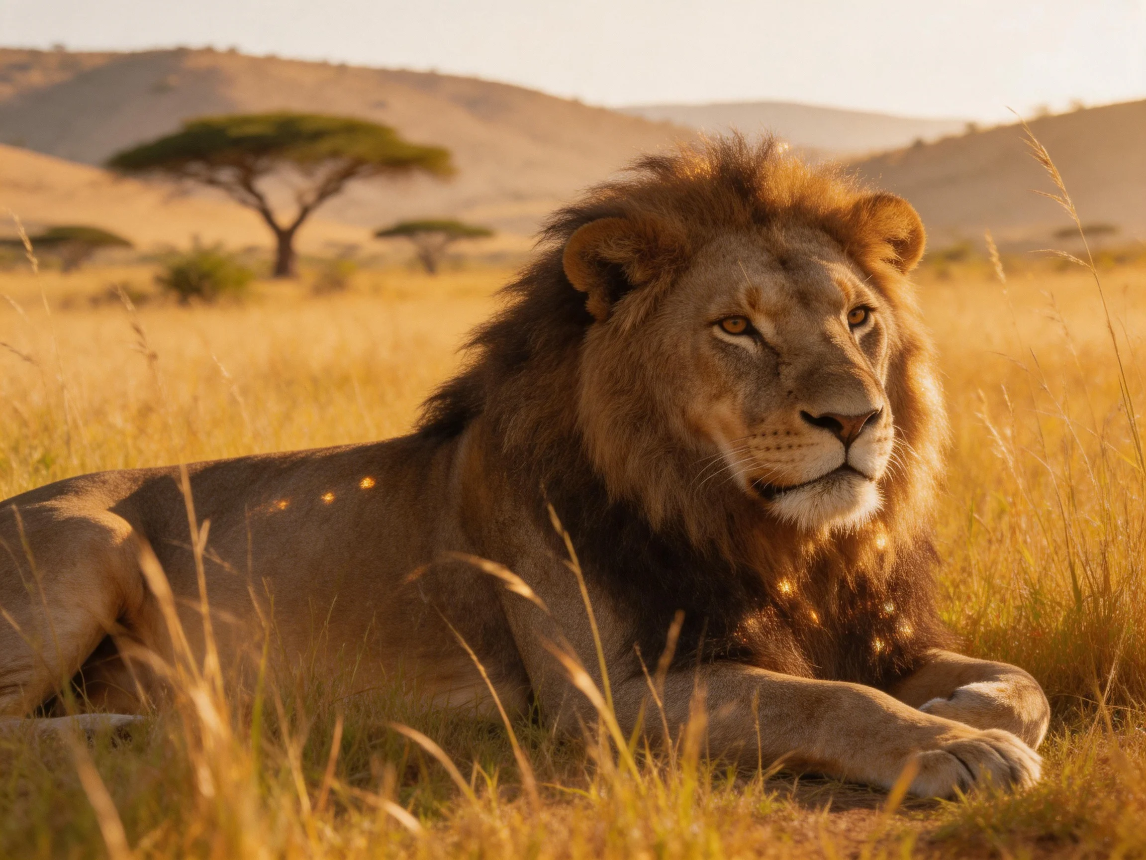A robust male lion relaxes in golden savannah grass with distant hills.