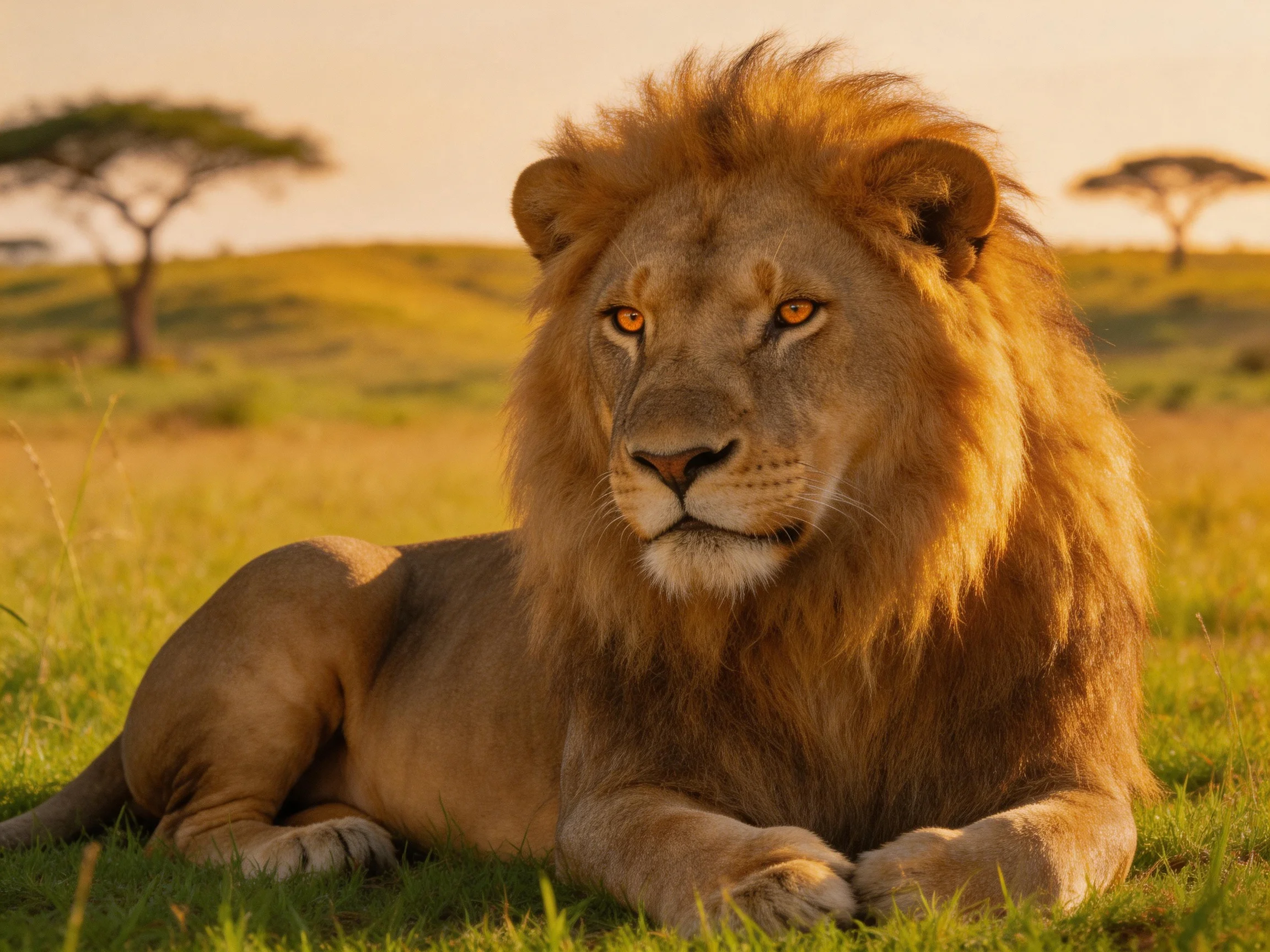 A robust male lion relaxes on sun-drenched savannah grassland.