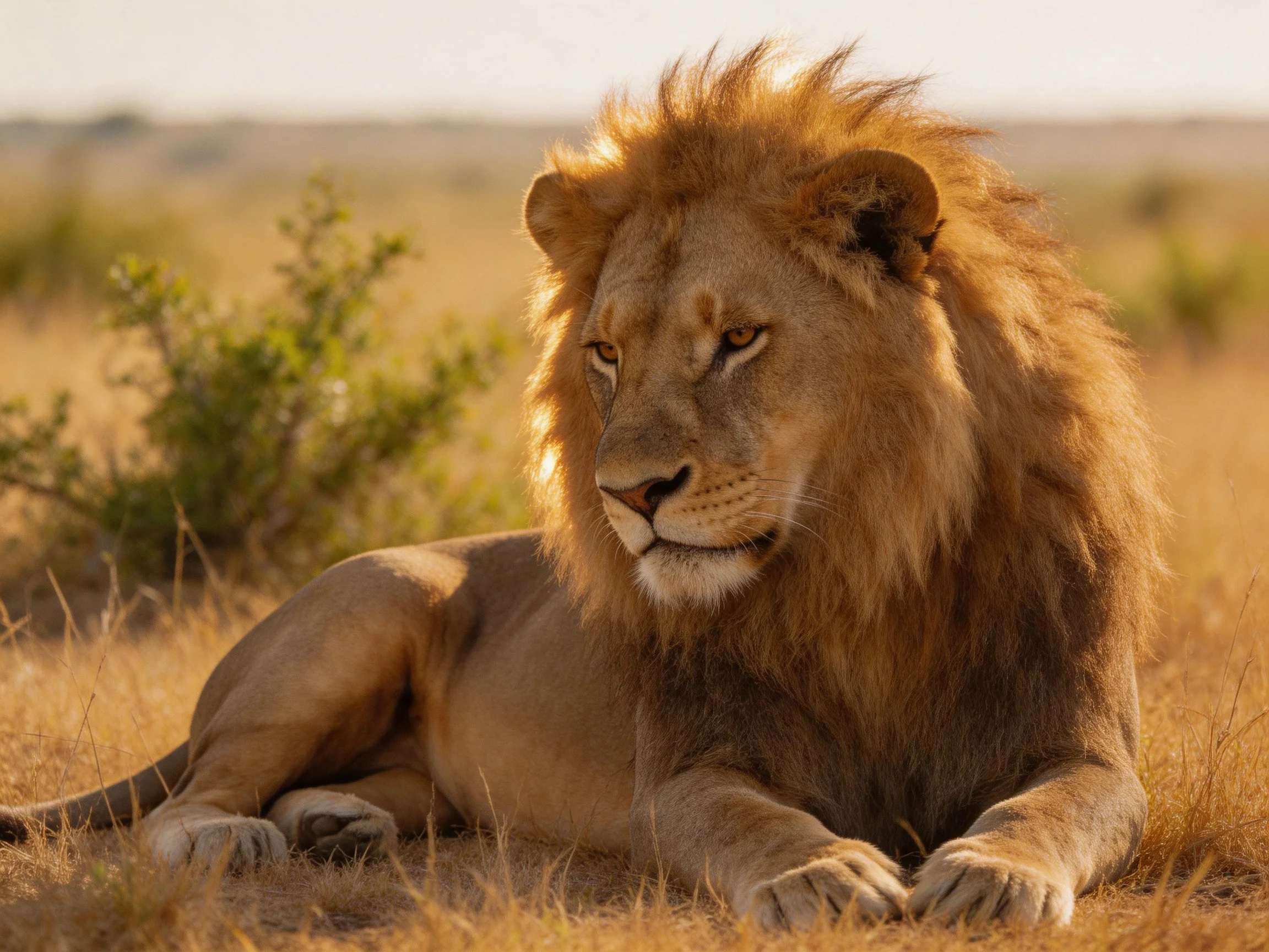 A robust male lion relaxes in sunlit savannah grass