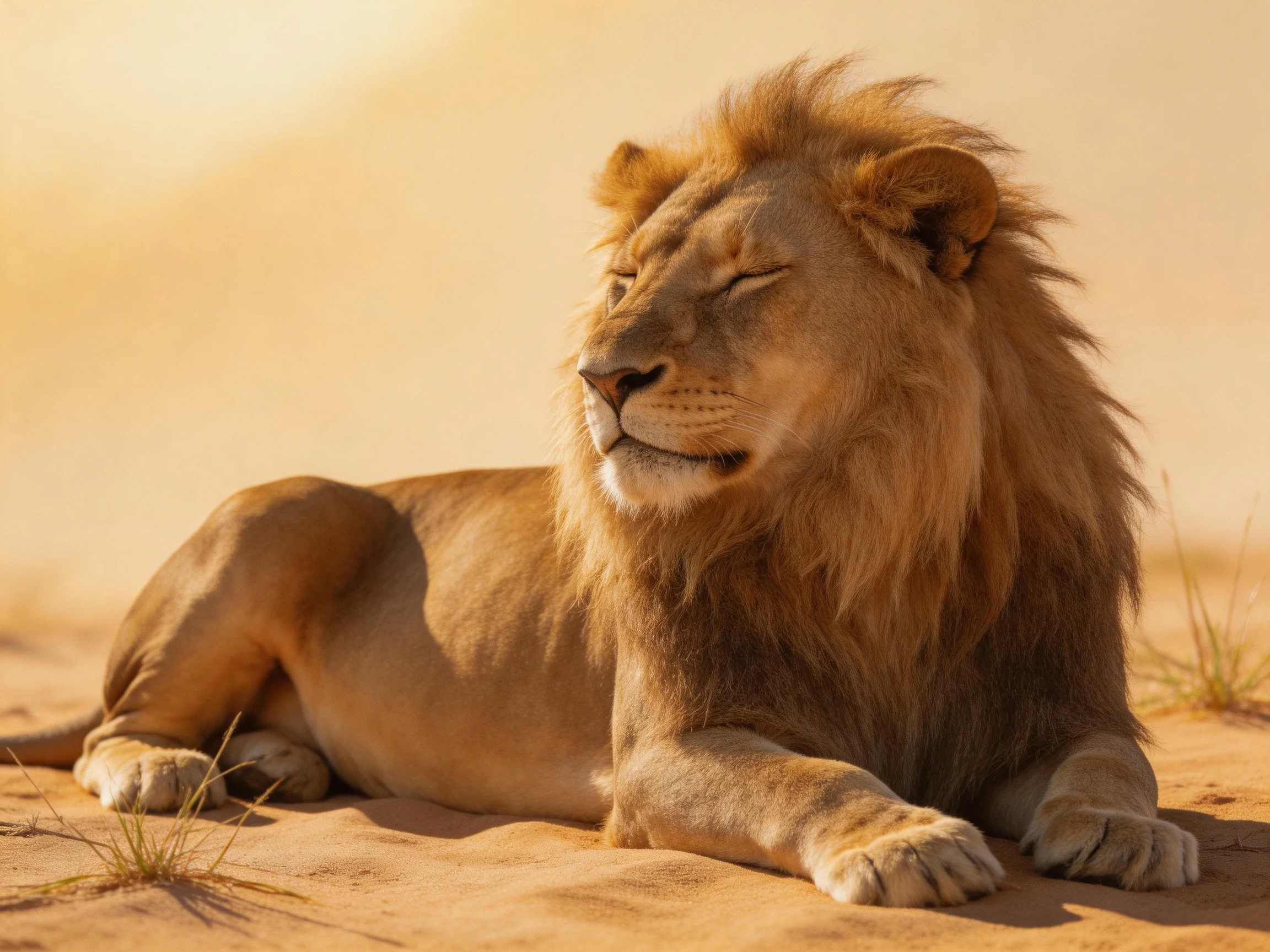 A male lion relaxes on sandy ground, displaying its thick mane.