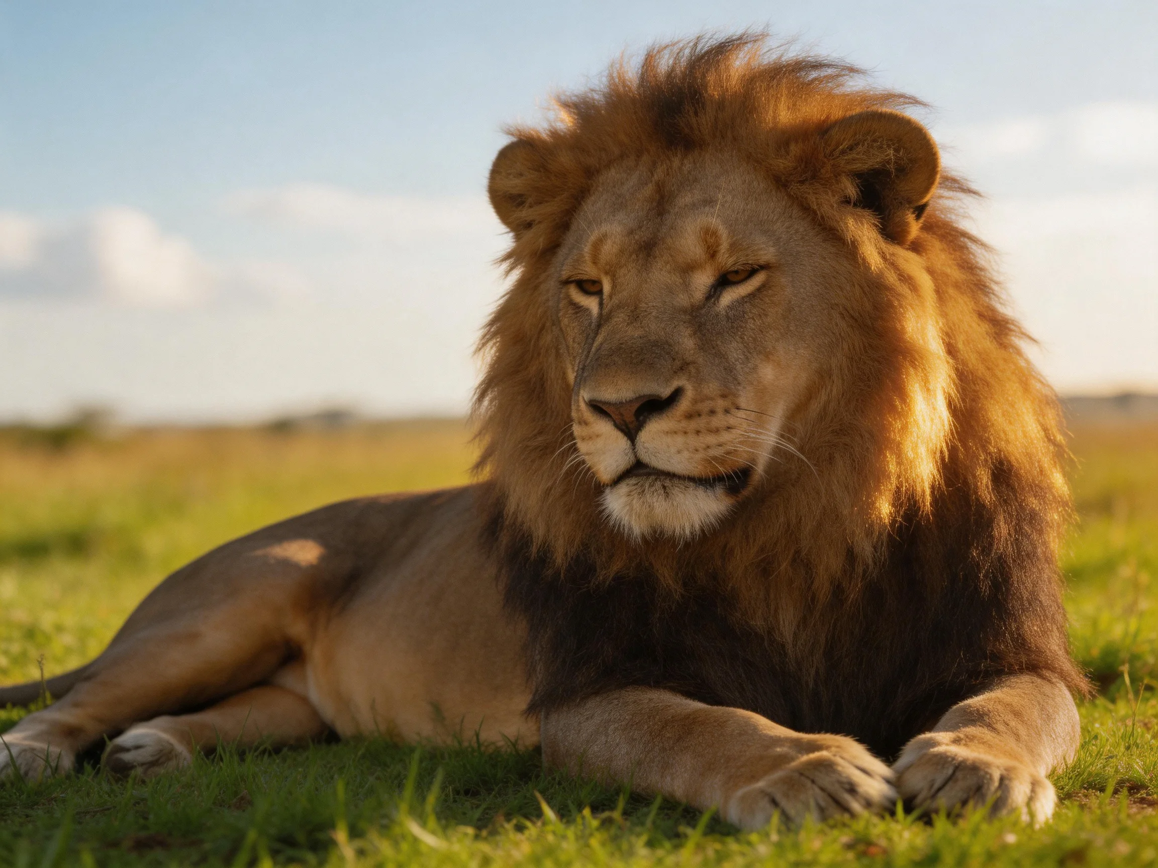 A robust male lion relaxes on grassy terrain under clear skies.