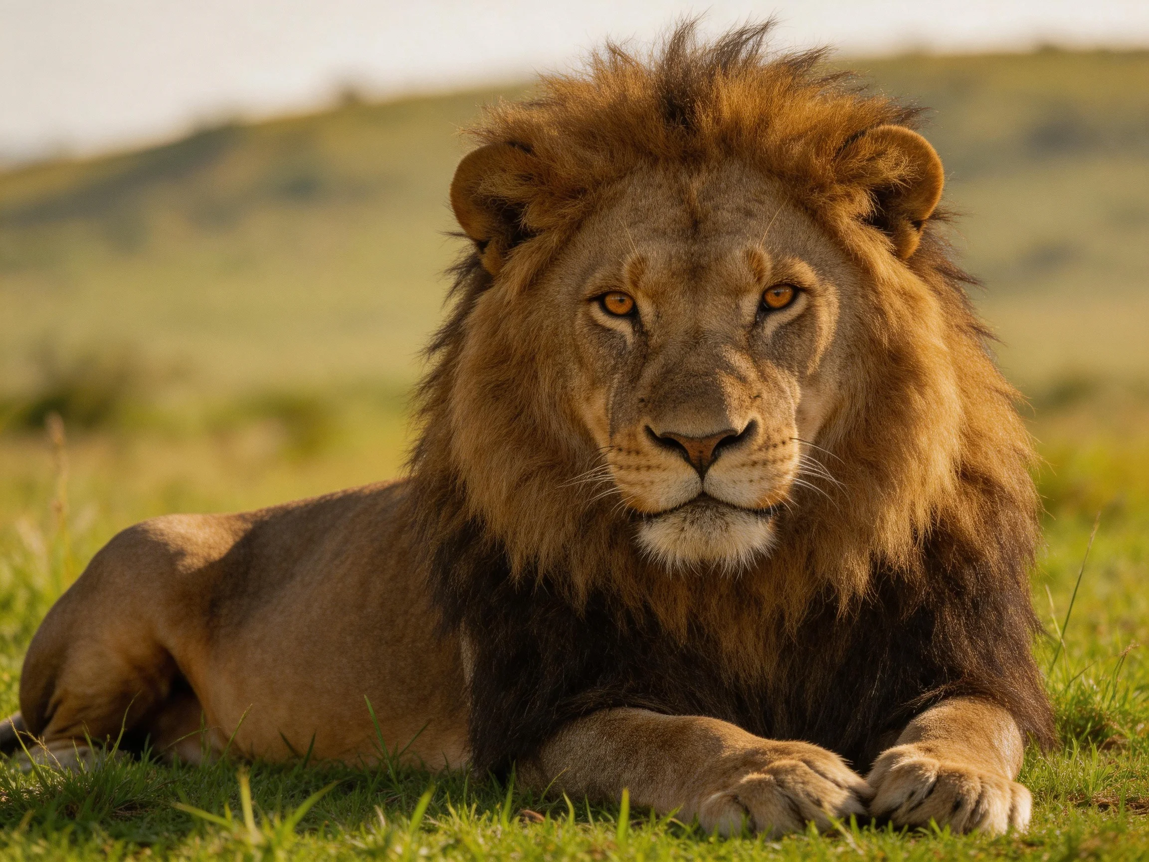 A robust male lion relaxes on grass in a sunlit savannah.