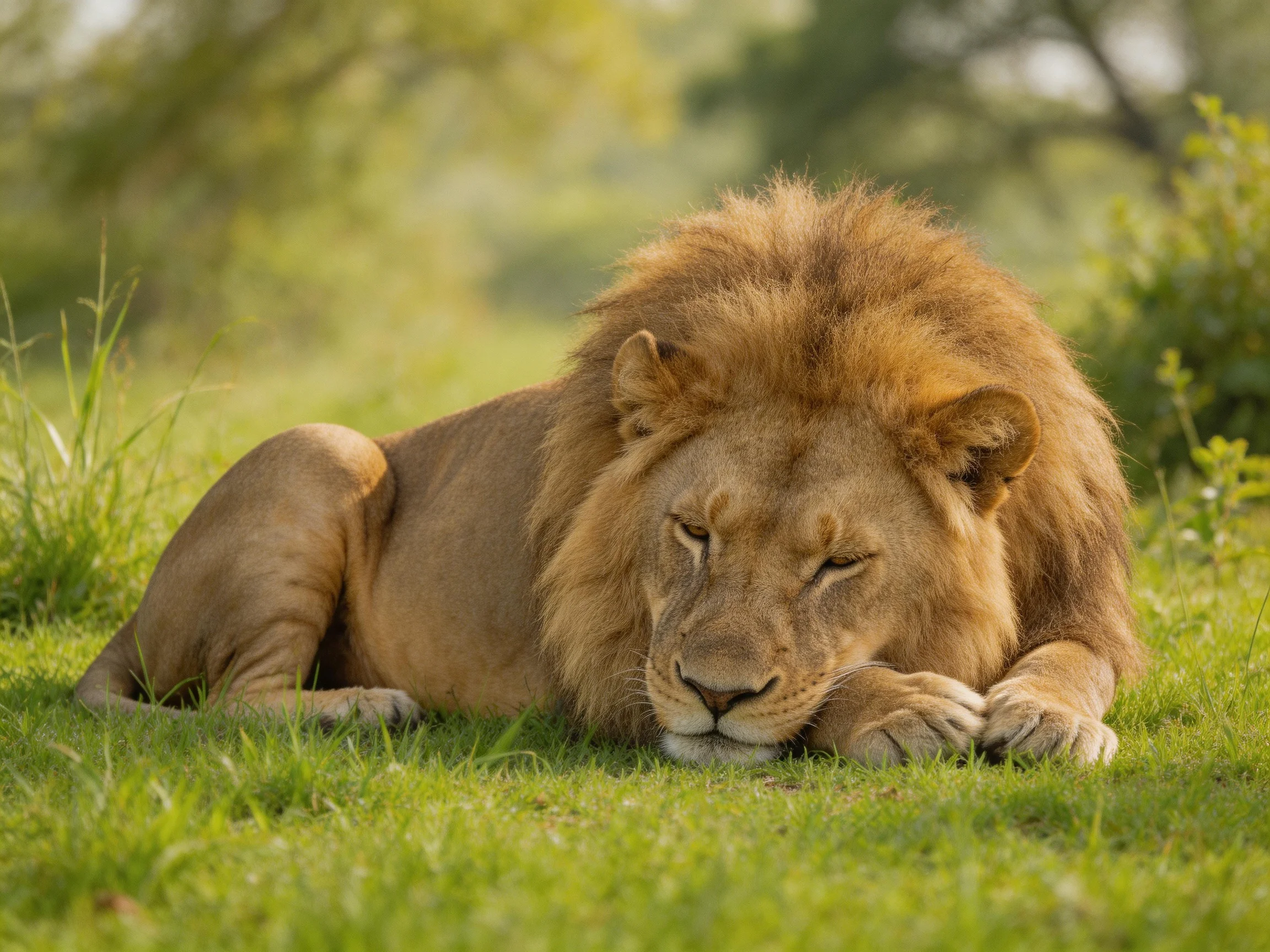 A male lion lies calmly on grass in a sunlit savannah