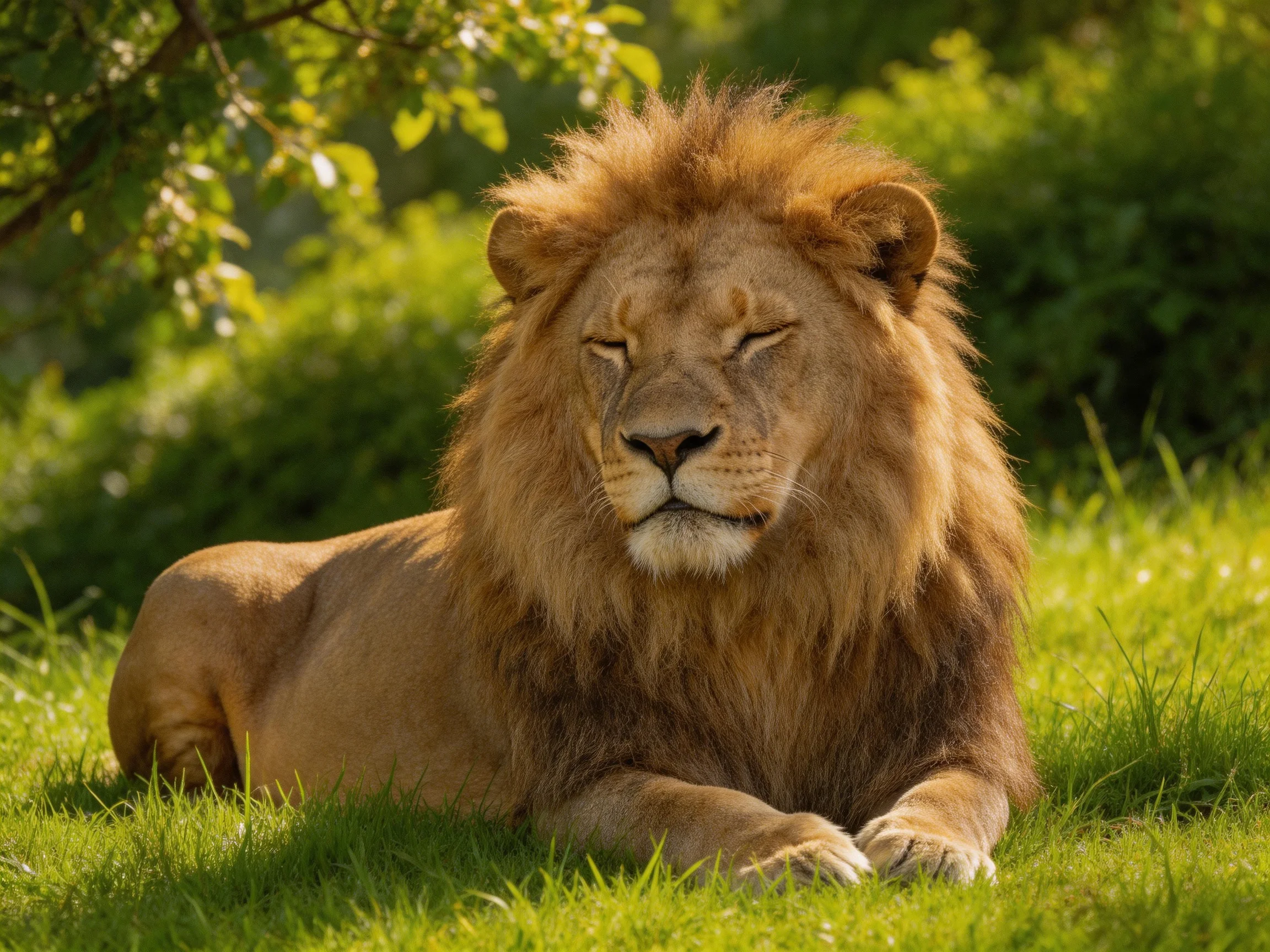 A robust male lion relaxes on green grass in a sunlit area.