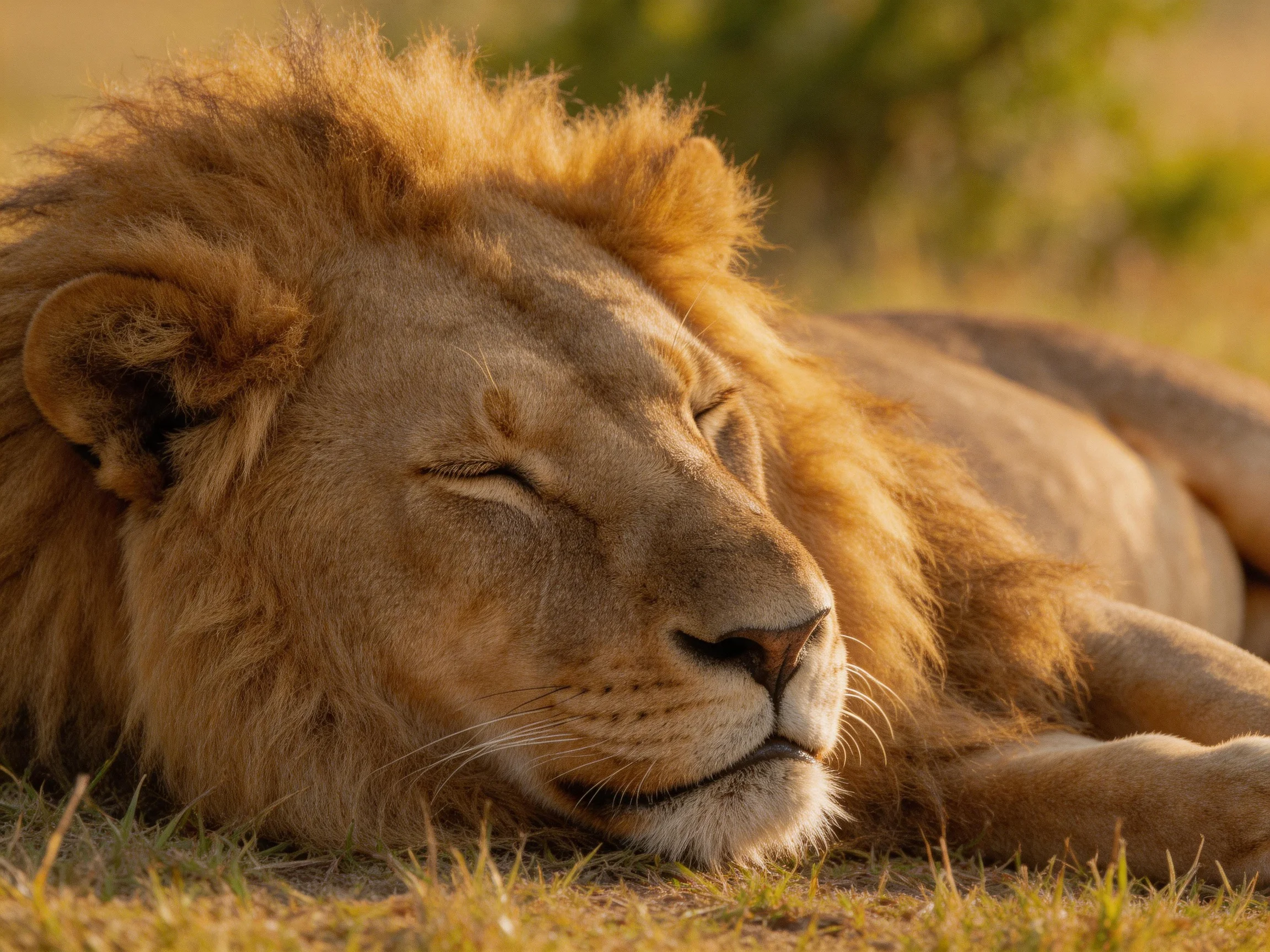 A robust male lion sleeps soundly on sun-drenched grass.