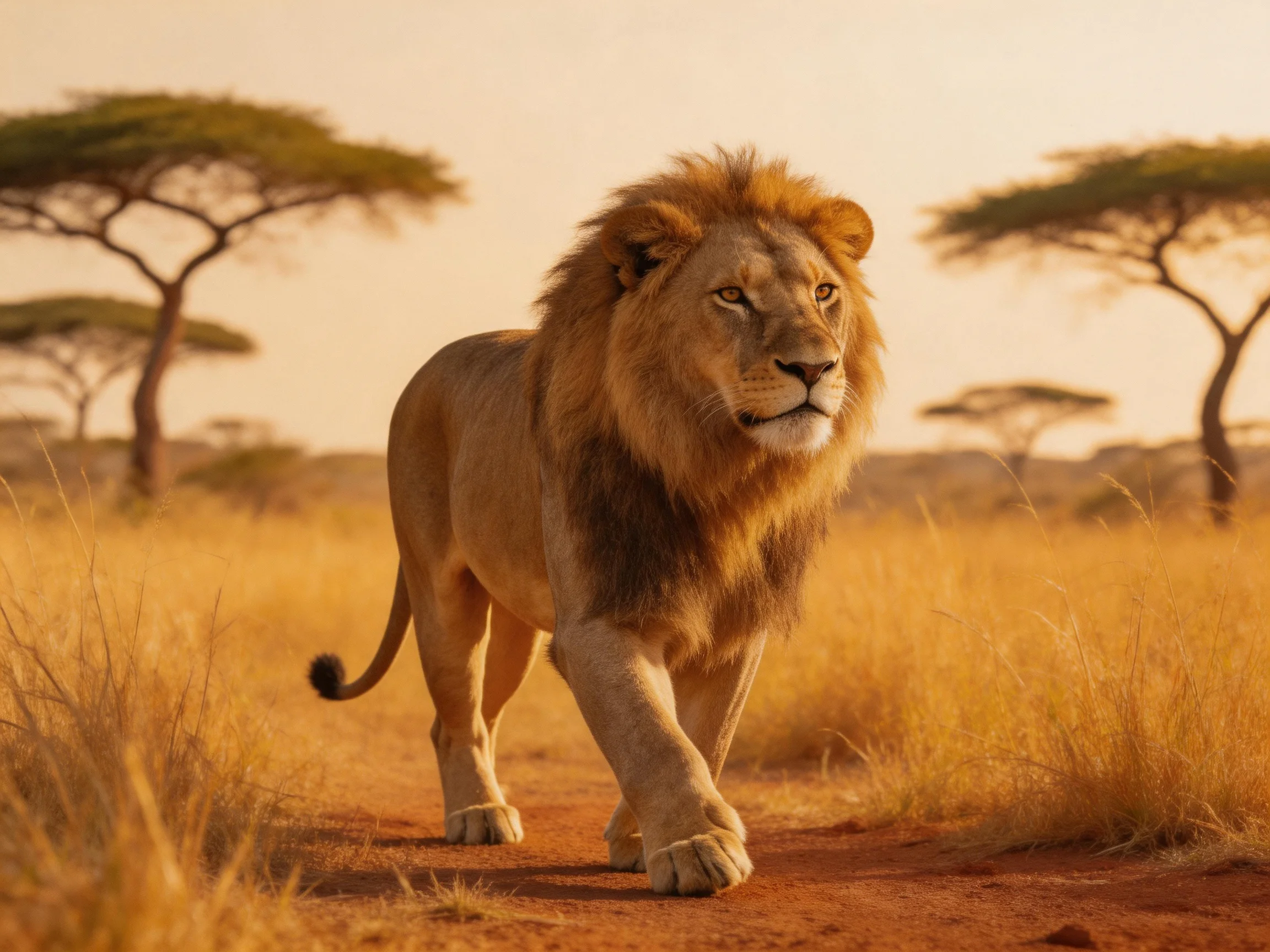 A robust male lion walks through a sunlit savannah.
